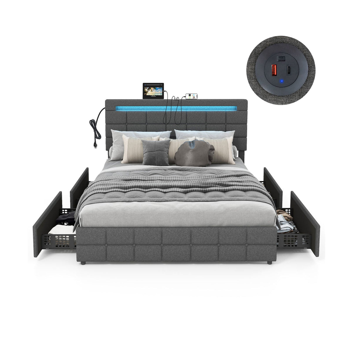 Upholstered Queen LED Bed Frame with Headboard and 4 Drawers-Queen Size-Simple Bed Frame-DECOROLALA
