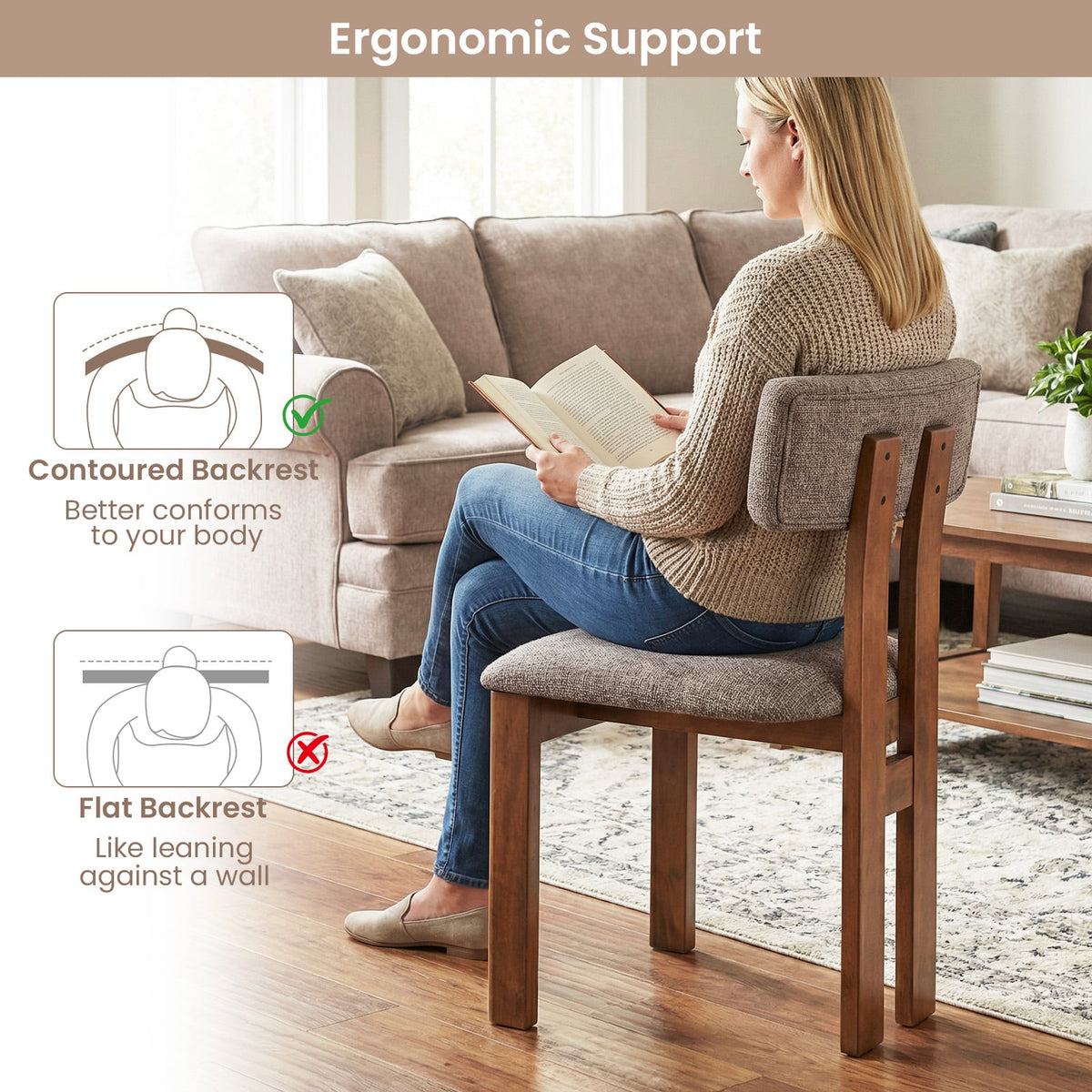 Upholstered Rubber Wood Dining Chairs Set of 4 with Curved Backrest-Walnut-Dining Chairs-DECOROLALA