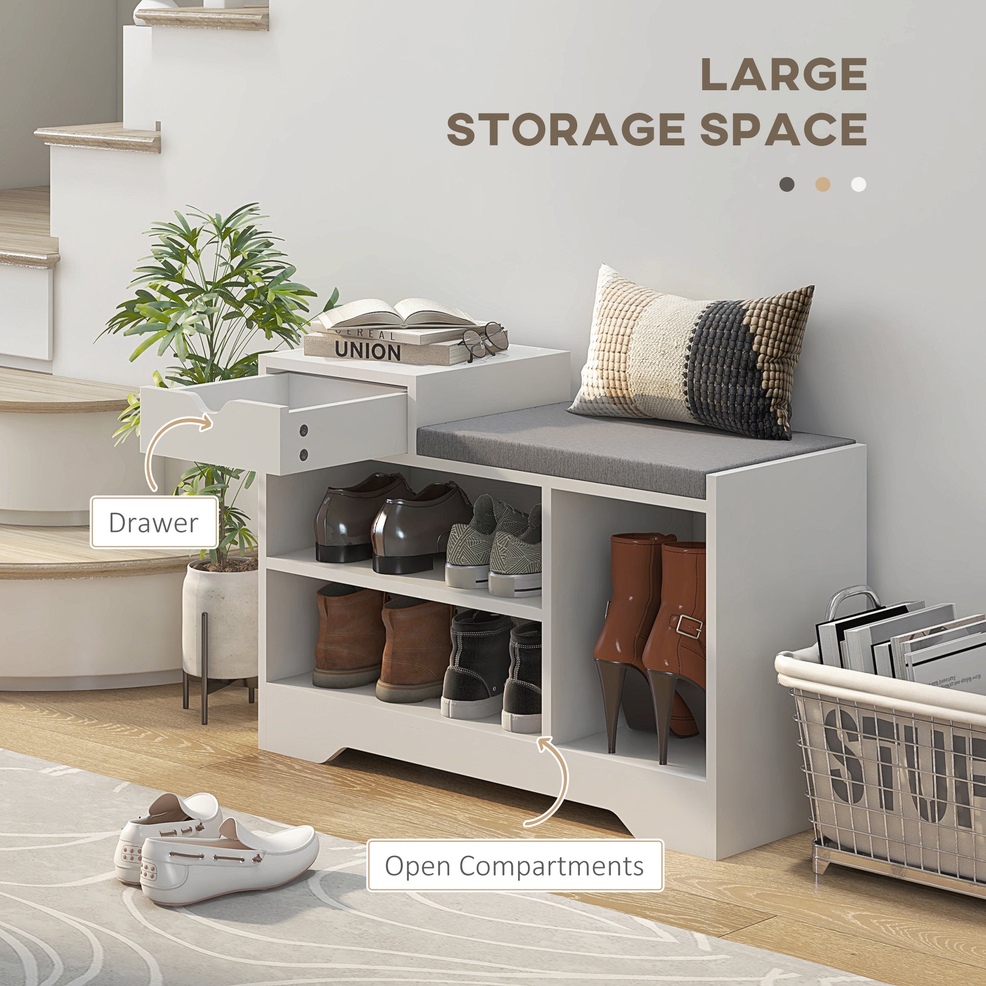 Upholstered Shoe Storage Bench, Hallway Shoe Storage with Seat, Drawer, 3 Open Shelves for Entryway, White-Home Furnishings > Storage & Organization > Shoe Storage Cabinets & Racks-DECOROLALA