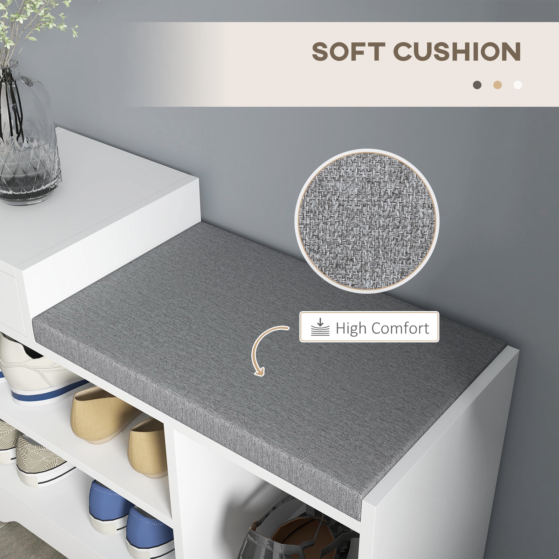 Upholstered Shoe Storage Bench, Hallway Shoe Storage with Seat, Drawer, 3 Open Shelves for Entryway, White-Home Furnishings > Storage & Organization > Shoe Storage Cabinets & Racks-DECOROLALA