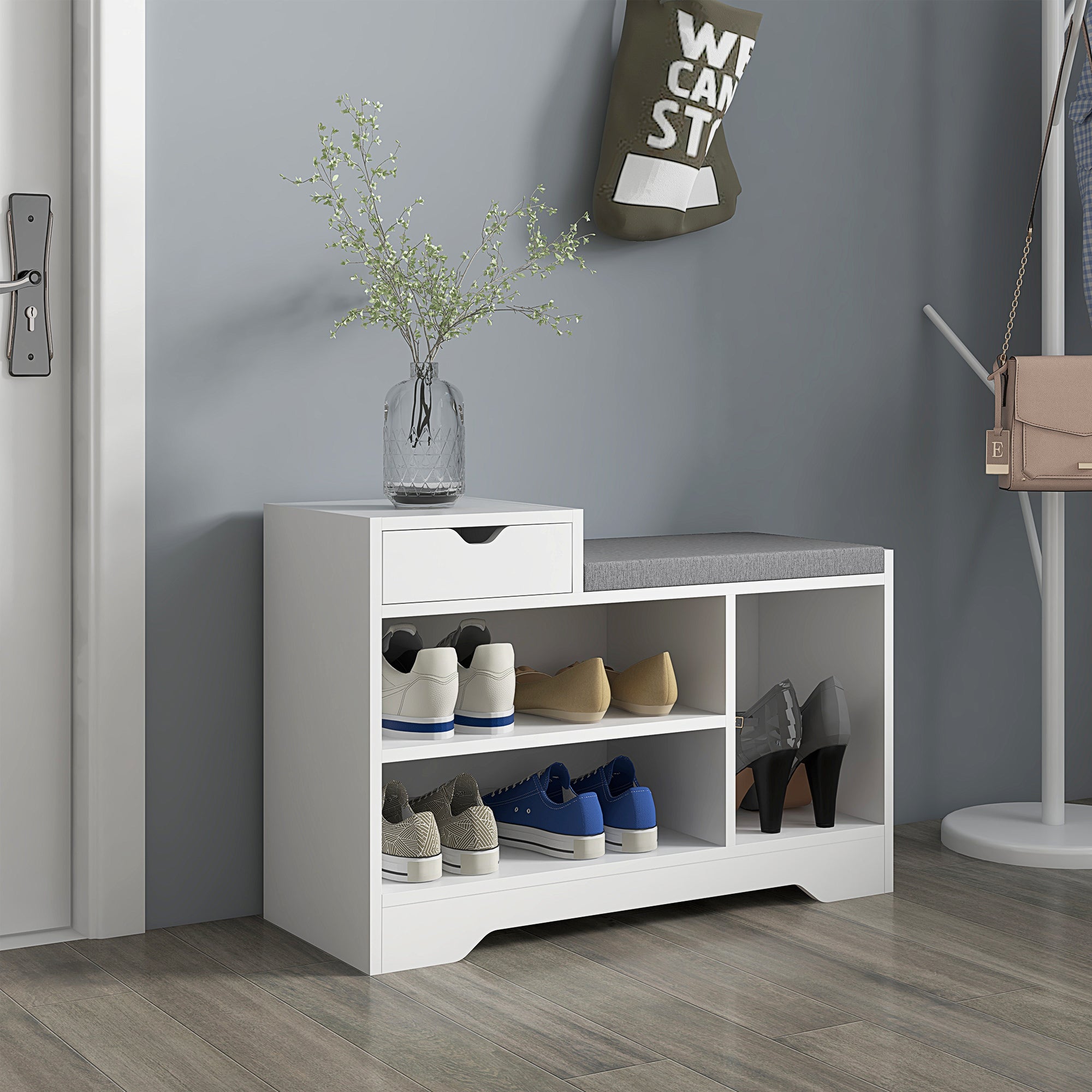 Upholstered Shoe Storage Bench, Hallway Shoe Storage with Seat, Drawer, 3 Open Shelves for Entryway, White-Home Furnishings > Storage & Organization > Shoe Storage Cabinets & Racks-DECOROLALA