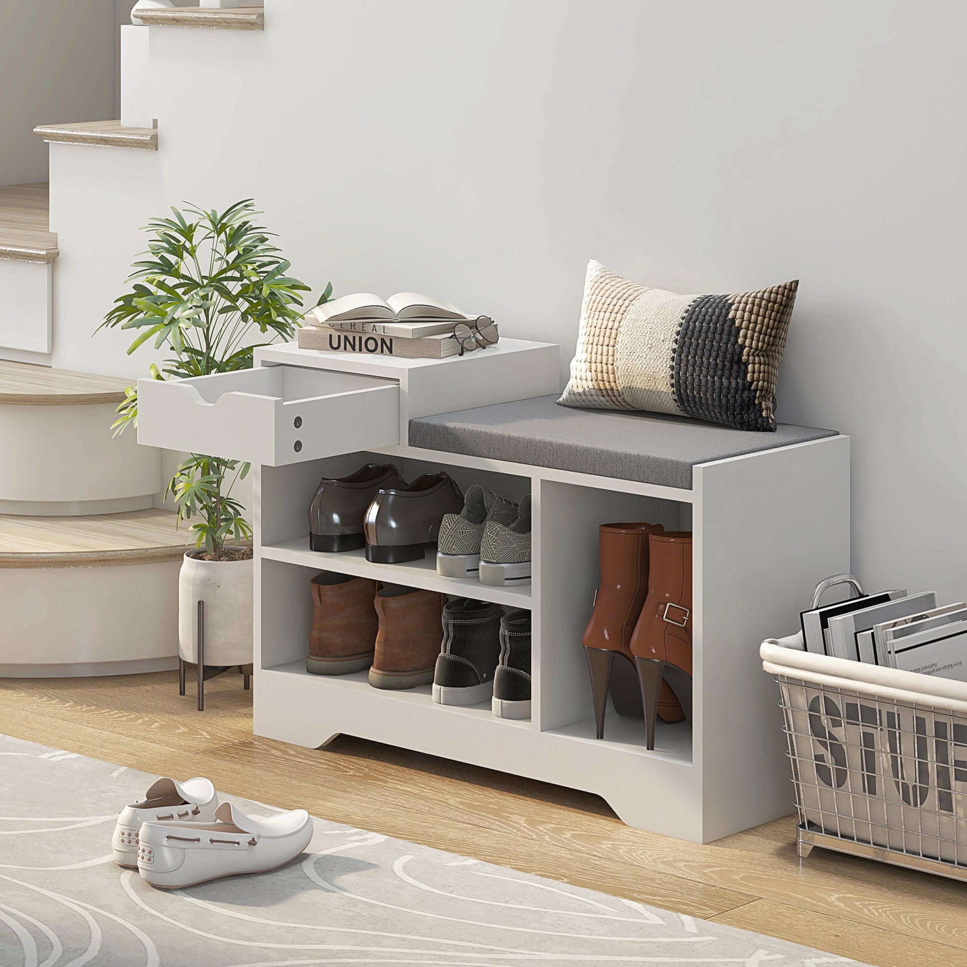 Upholstered Shoe Storage Bench, Hallway Shoe Storage with Seat, Drawer, 3 Open Shelves for Entryway, White-Home Furnishings > Storage & Organization > Shoe Storage Cabinets & Racks-DECOROLALA