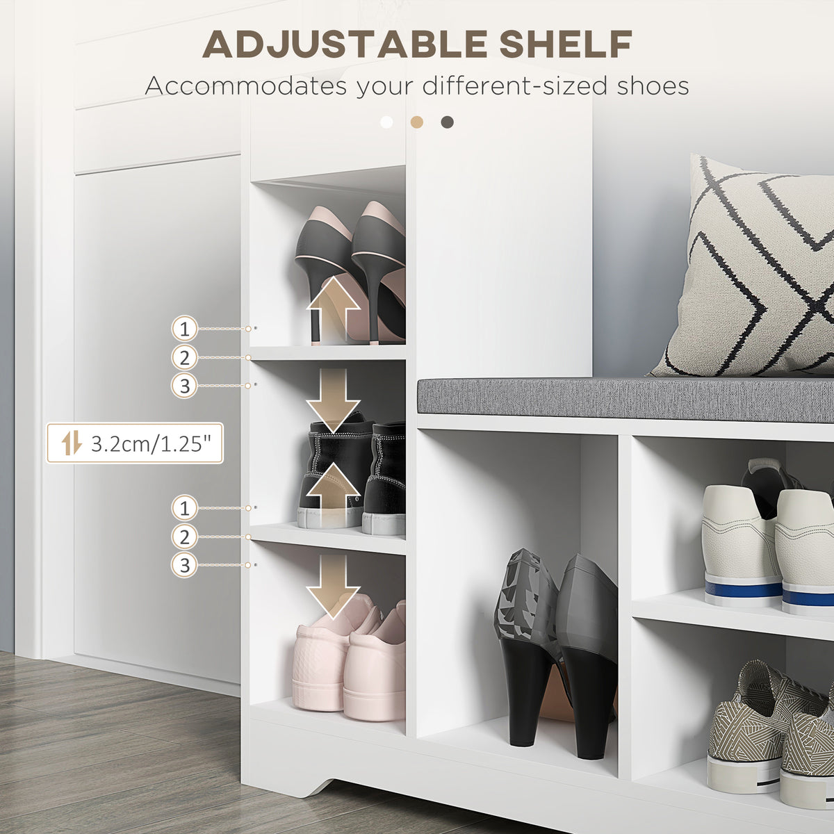 Upholstered Shoe Storage Bench - White 6-Shelf Entryway Bench-Home Furnishings > Storage & Organization > Shoe Storage Cabinets & Racks-DECOROLALA