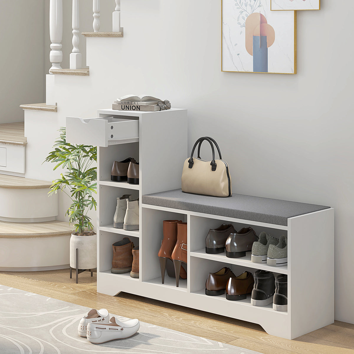 Upholstered Shoe Storage Bench - White 6-Shelf Entryway Bench-Home Furnishings > Storage & Organization > Shoe Storage Cabinets & Racks-DECOROLALA