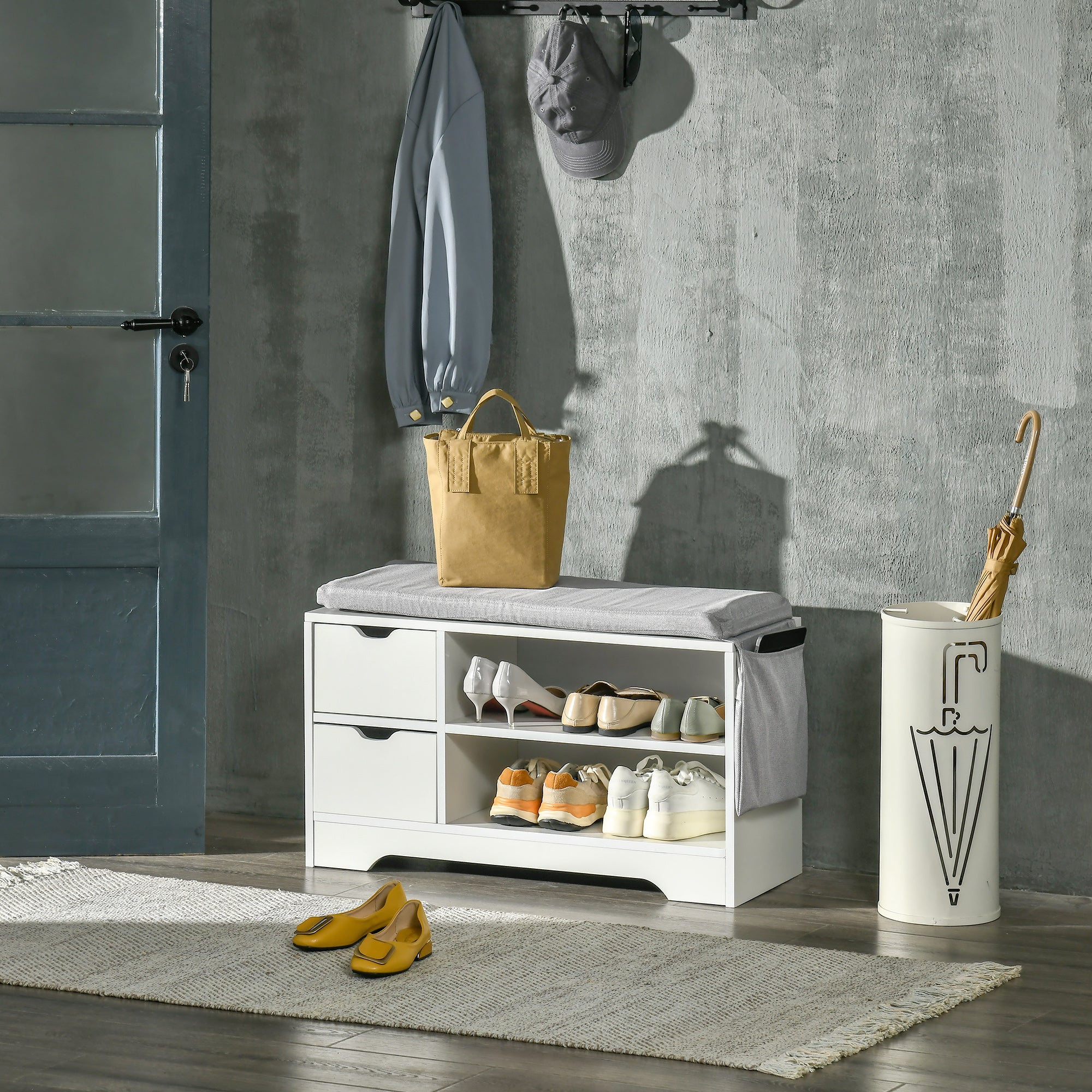Upholstered Shoe Storage Bench w/ Seat, Entrance Bench w/ Drawer Open Shelves and Pocket for Hallway, White-Home Furnishings > Storage & Organization > Shoe Storage Cabinets & Racks-DECOROLALA