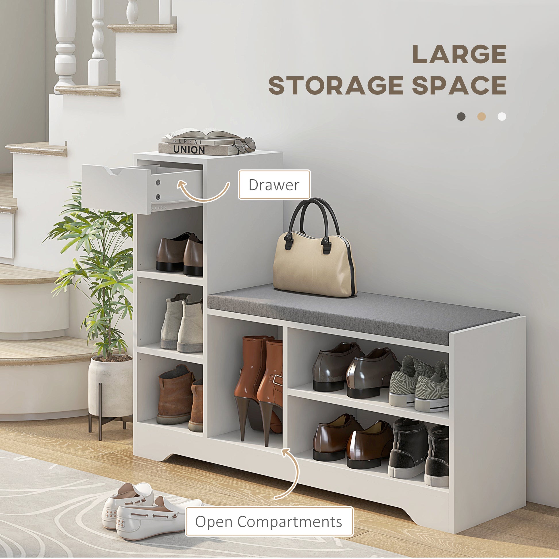 Upholstered Shoe Storage Bench w/ Seat, Entrance Bench w/ Drawer and 6 Open Shelves for Hallway, White-Home Furnishings > Storage & Organization > Shoe Storage Cabinets & Racks-DECOROLALA