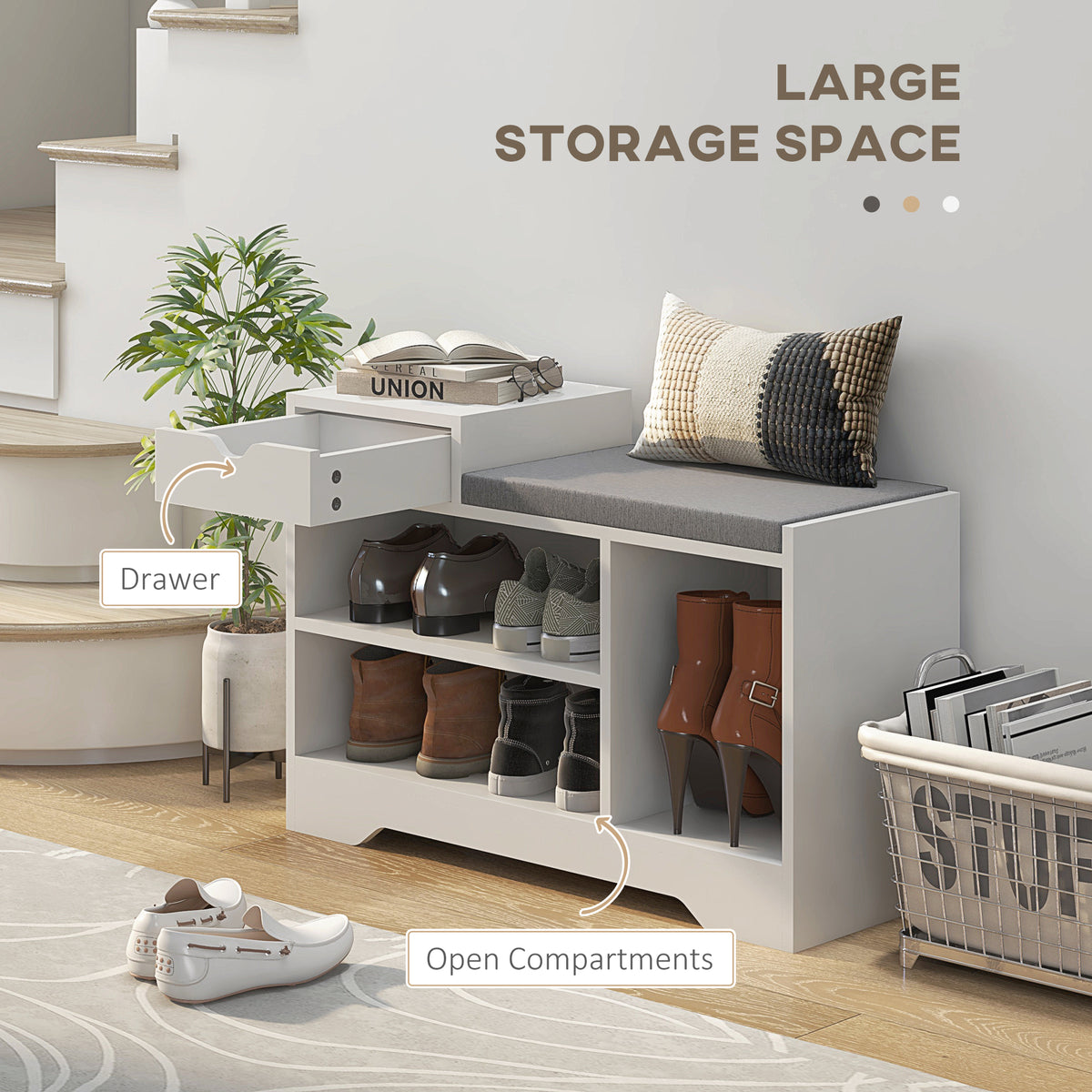 Upholstered Shoe Storage Bench with Drawer - White/Grey-Home Furnishings > Storage & Organization > Shoe Storage Cabinets & Racks-DECOROLALA