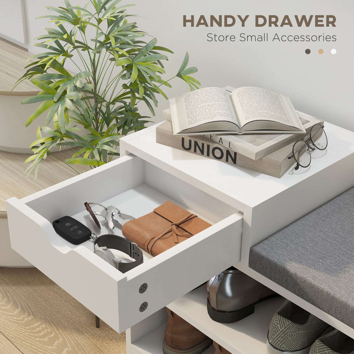 Upholstered Shoe Storage Bench with Drawer - White/Grey-Home Furnishings > Storage & Organization > Shoe Storage Cabinets & Racks-DECOROLALA