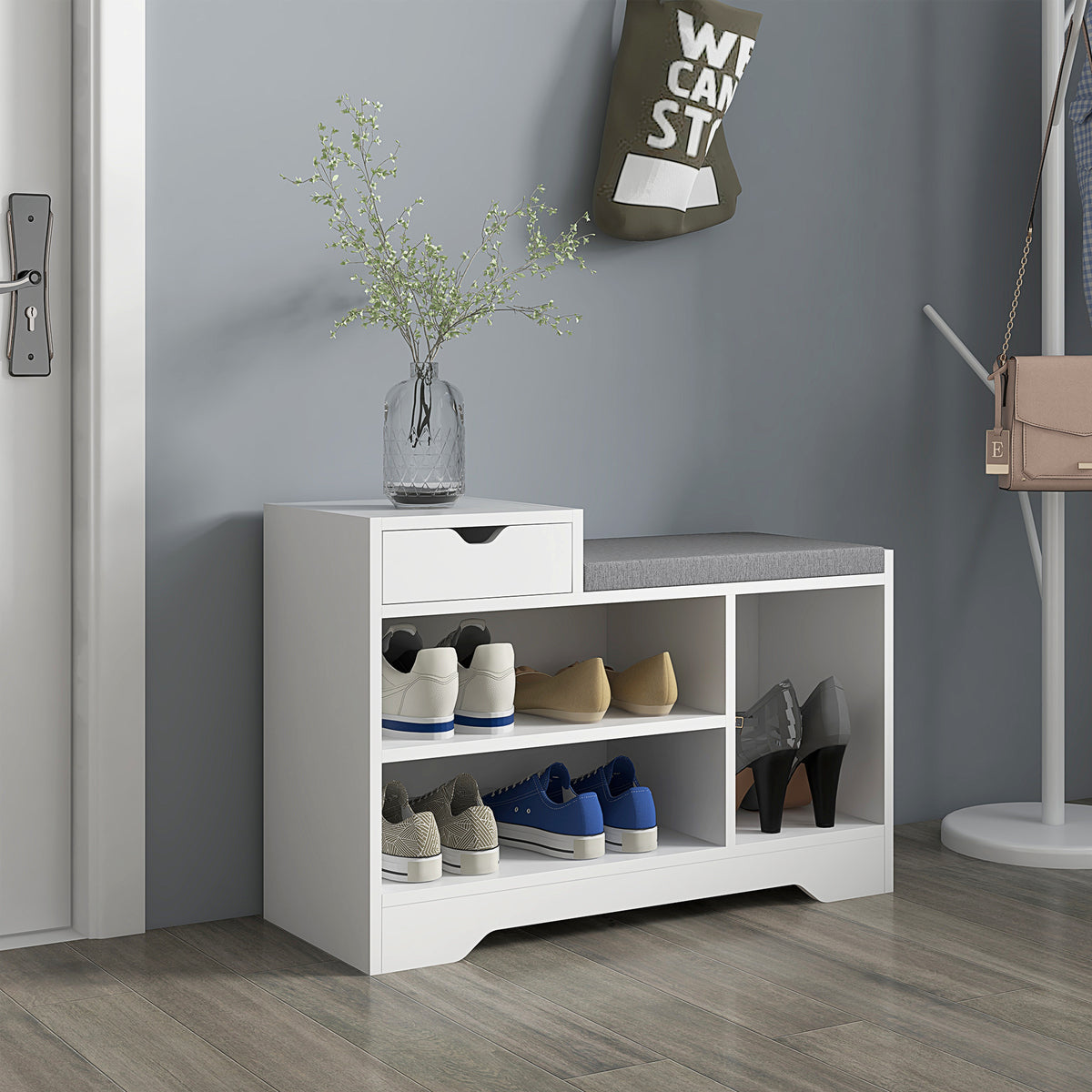 Upholstered Shoe Storage Bench with Drawer - White/Grey-Home Furnishings > Storage & Organization > Shoe Storage Cabinets & Racks-DECOROLALA
