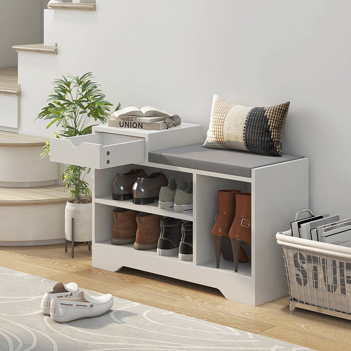 Upholstered Shoe Storage Bench with Drawer - White/Grey-Home Furnishings > Storage & Organization > Shoe Storage Cabinets & Racks-DECOROLALA