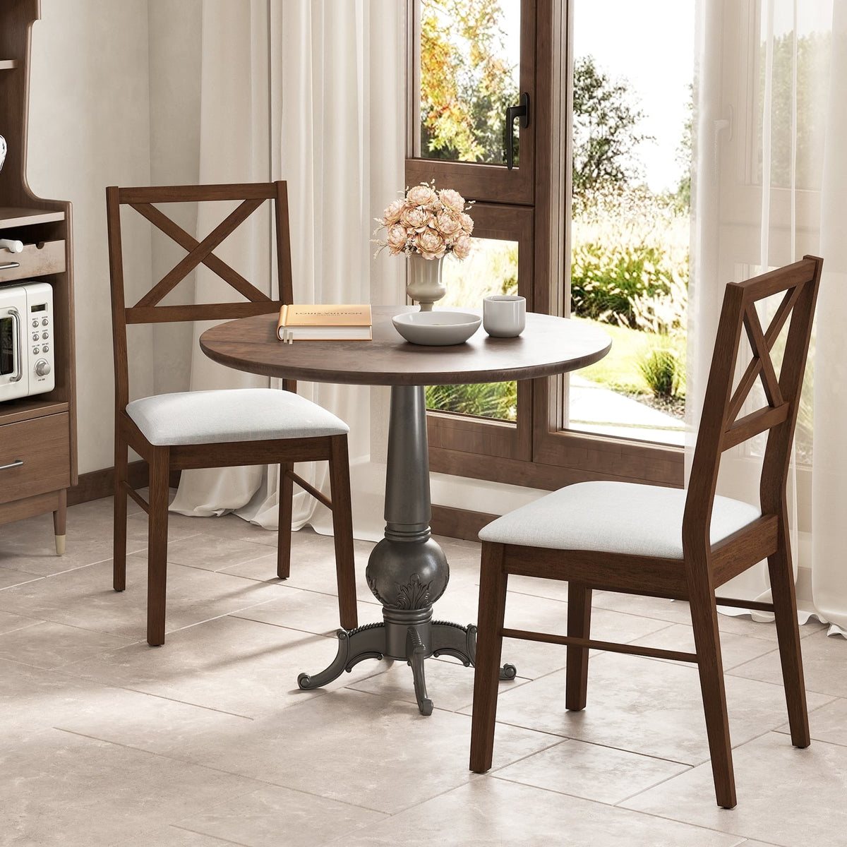 Upholstered Side Dining Chairs Set of 2 with Rubber Wood Frame-Brown-Dining Chairs-DECOROLALA
