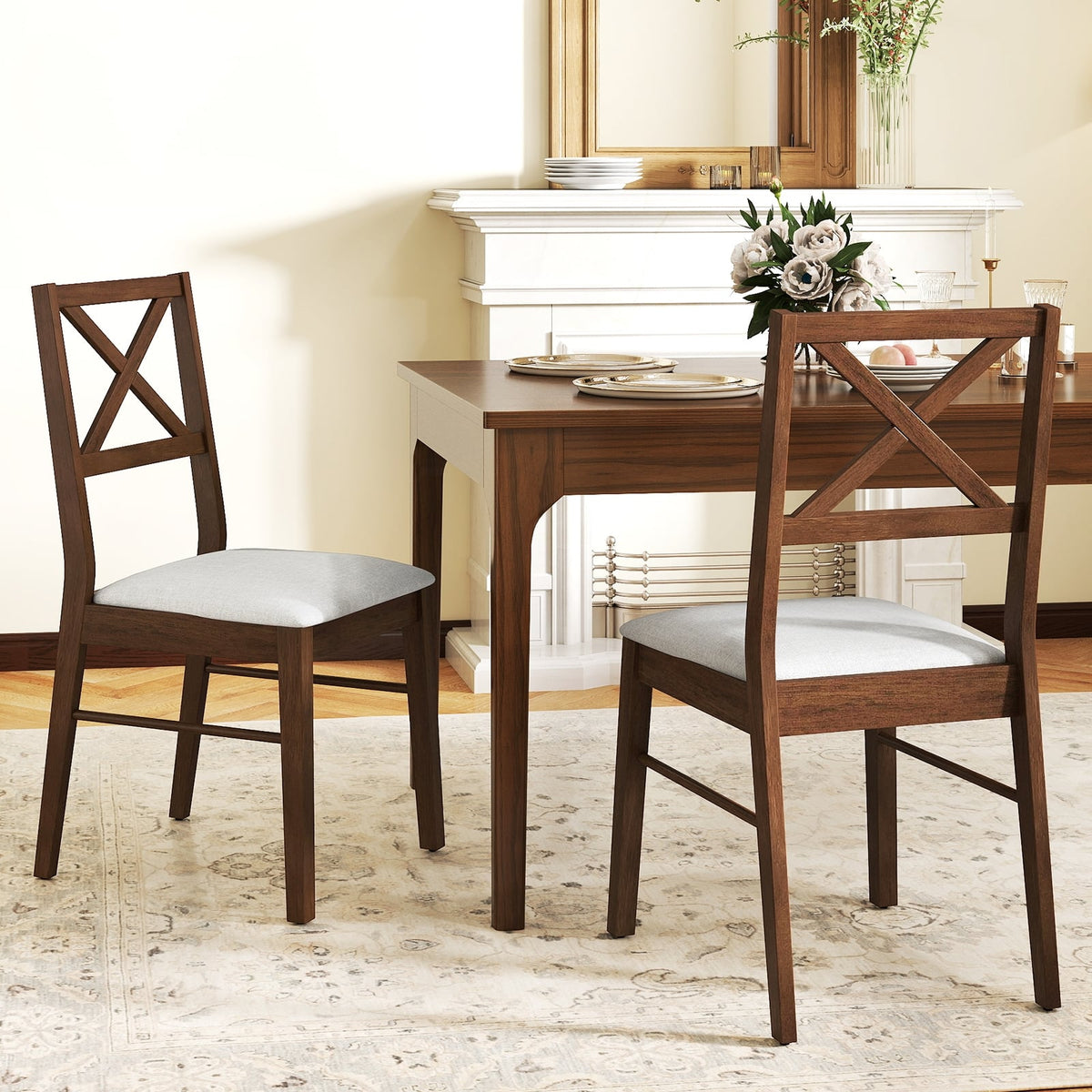 Upholstered Side Dining Chairs Set of 2 with Rubber Wood Frame-Brown-Dining Chairs-DECOROLALA