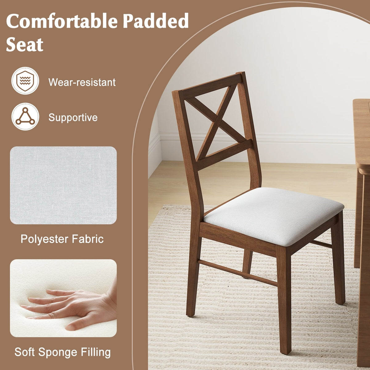 Upholstered Side Dining Chairs Set of 2 with Rubber Wood Frame-Brown-Dining Chairs-DECOROLALA