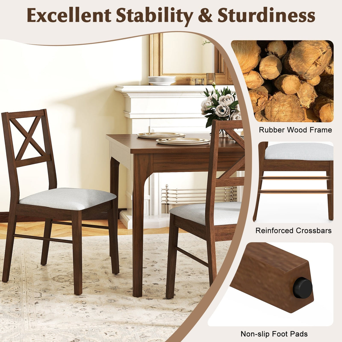 Upholstered Side Dining Chairs Set of 2 with Rubber Wood Frame-Brown-Dining Chairs-DECOROLALA