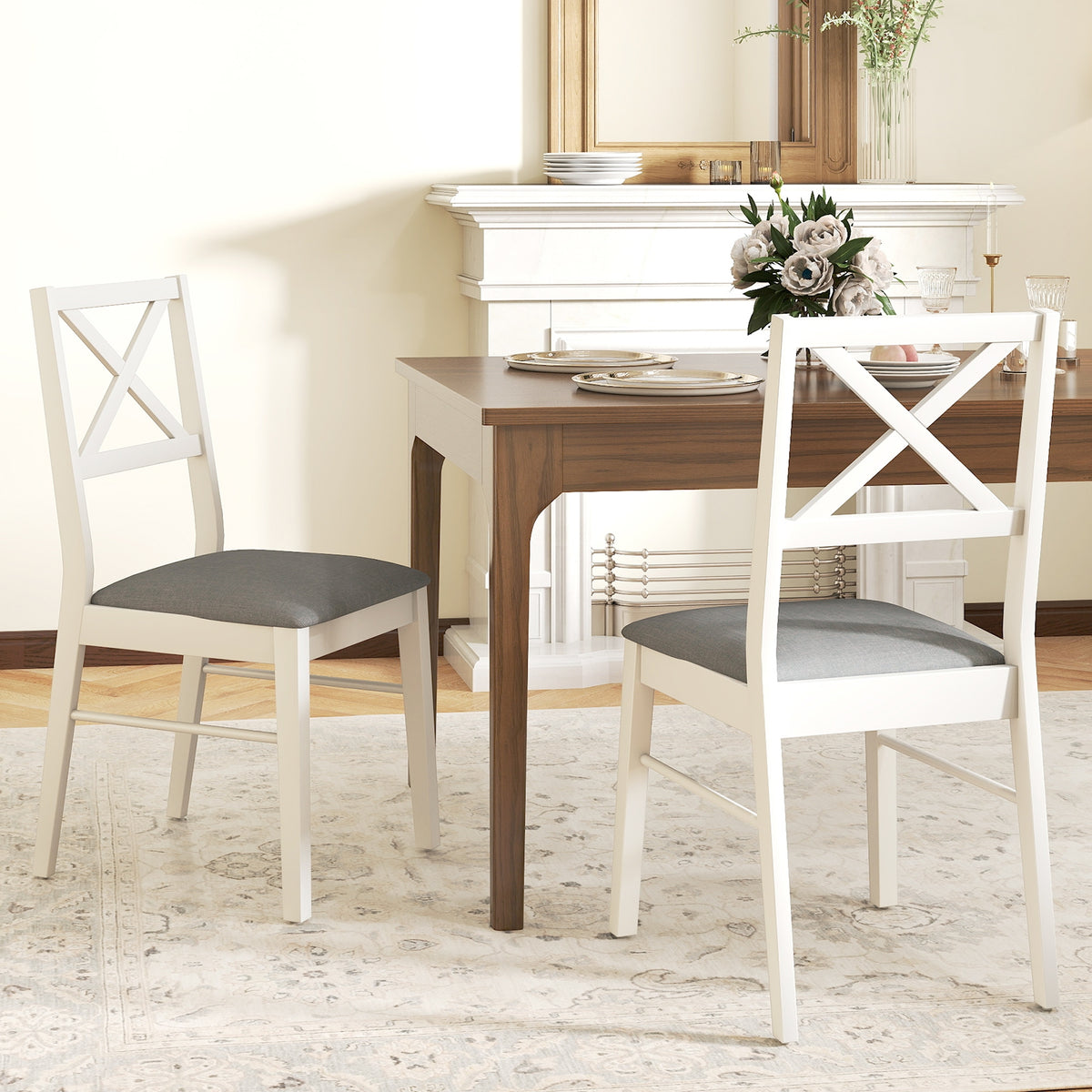 Upholstered Side Dining Chairs Set of 2 with Rubber Wood Frame-White-Dining Chairs-DECOROLALA
