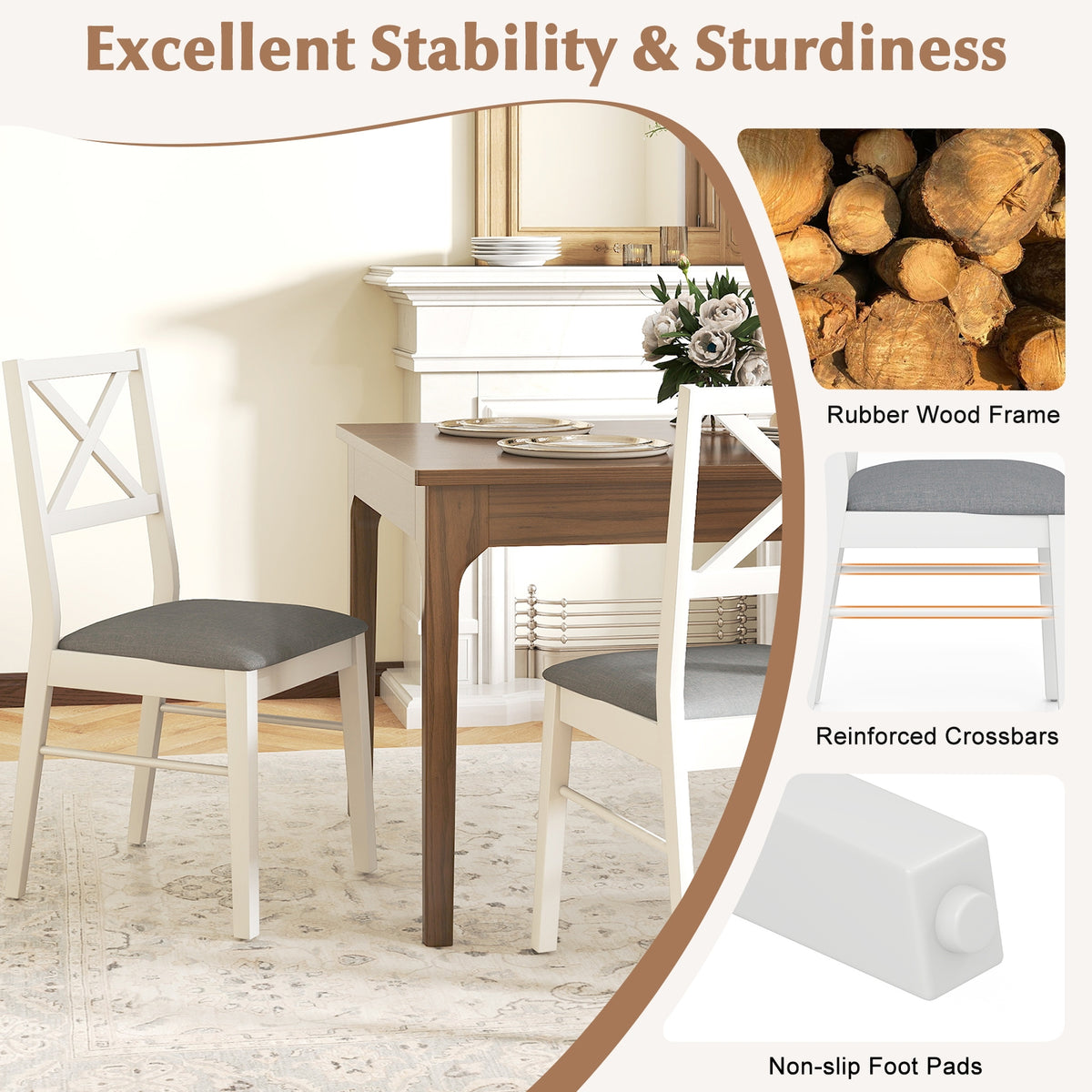Upholstered Side Dining Chairs Set of 2 with Rubber Wood Frame-White-Dining Chairs-DECOROLALA