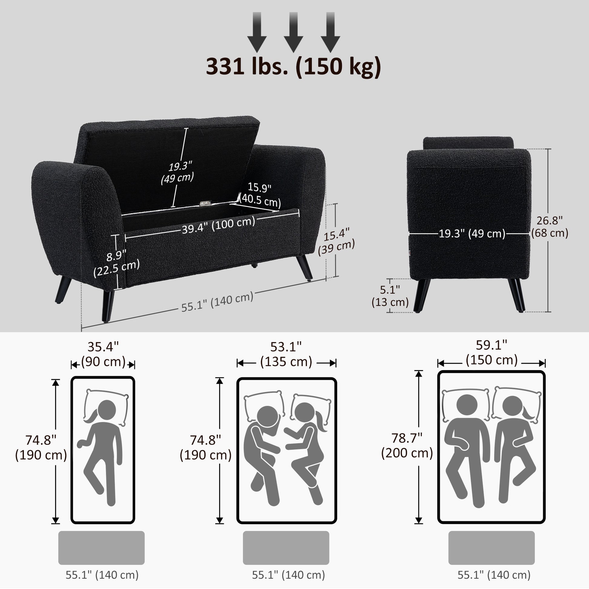 Upholstered Storage Bench - Black 55.1" Modern-DECOROLALA