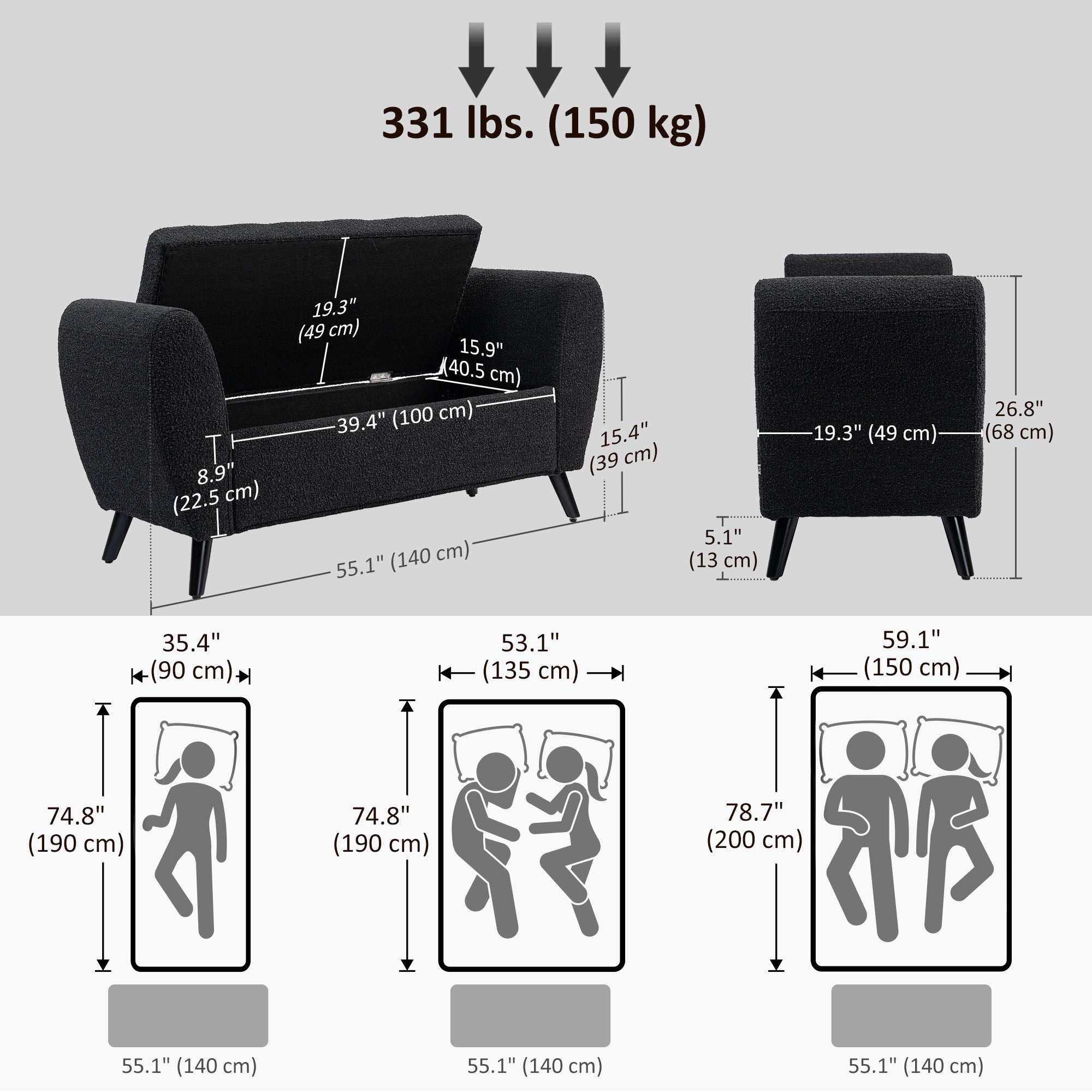 Upholstered Storage Bench - Black 55.1" Modern-DECOROLALA