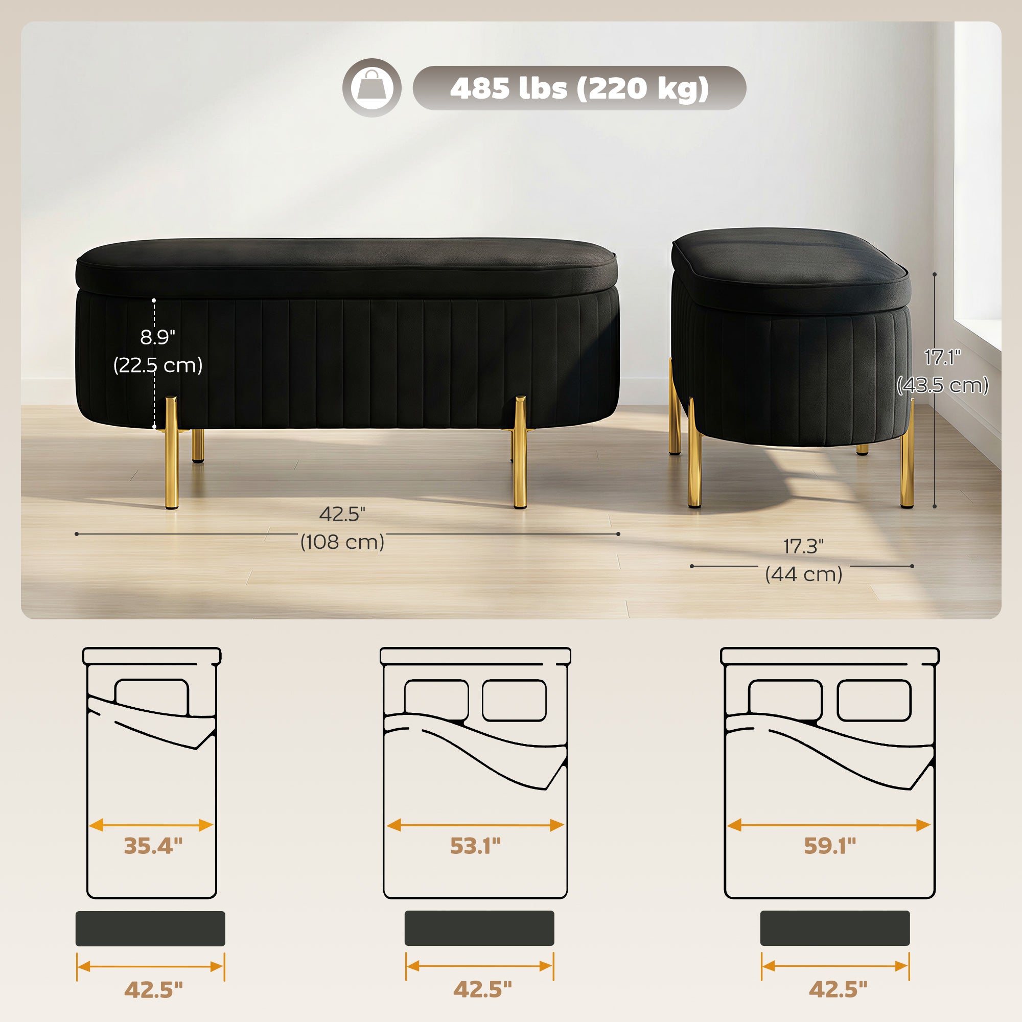 Upholstered Storage Bench - Black Channel Tufted-DECOROLALA