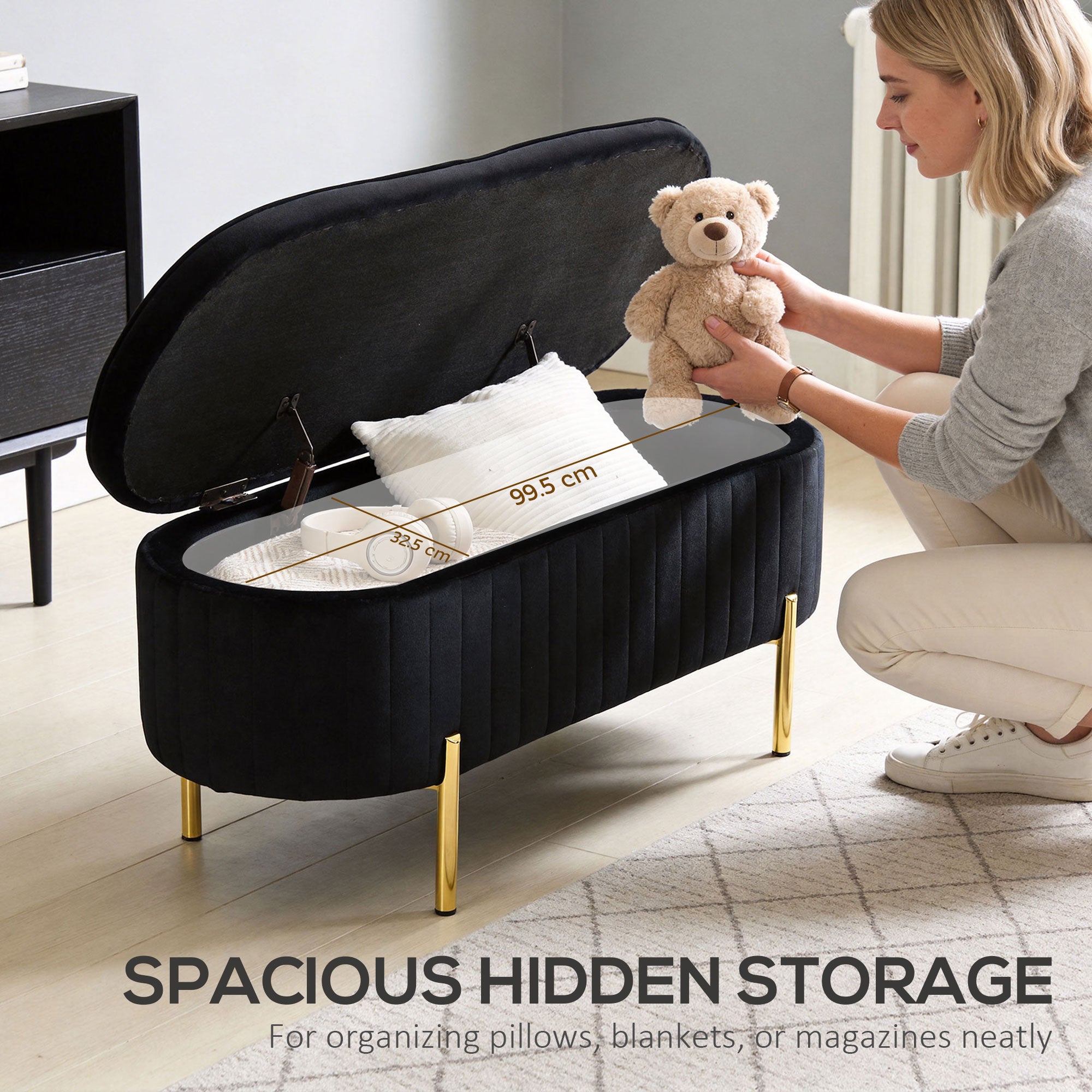 Upholstered Storage Bench - Black Channel Tufted-DECOROLALA