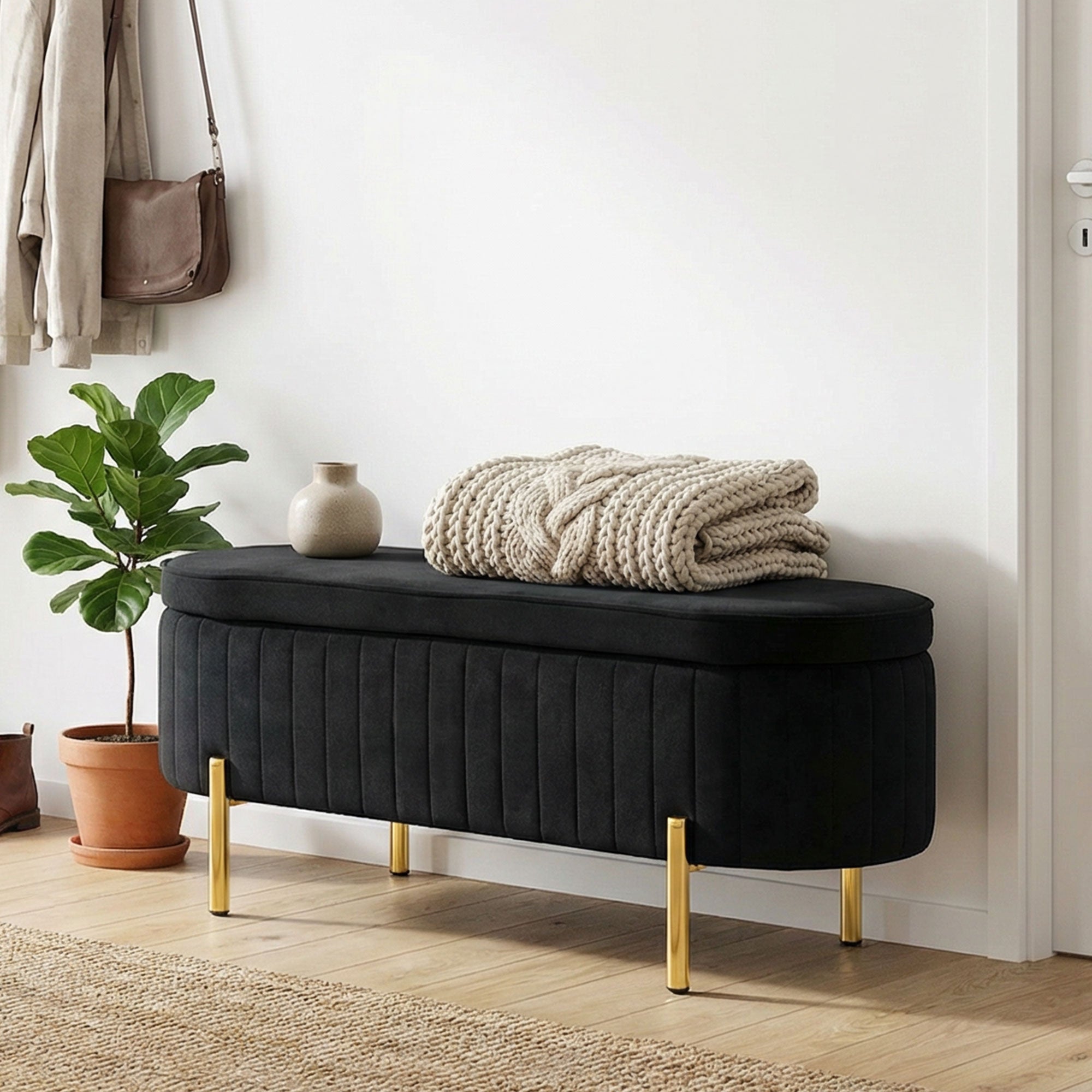 Upholstered Storage Bench - Black Channel Tufted-DECOROLALA
