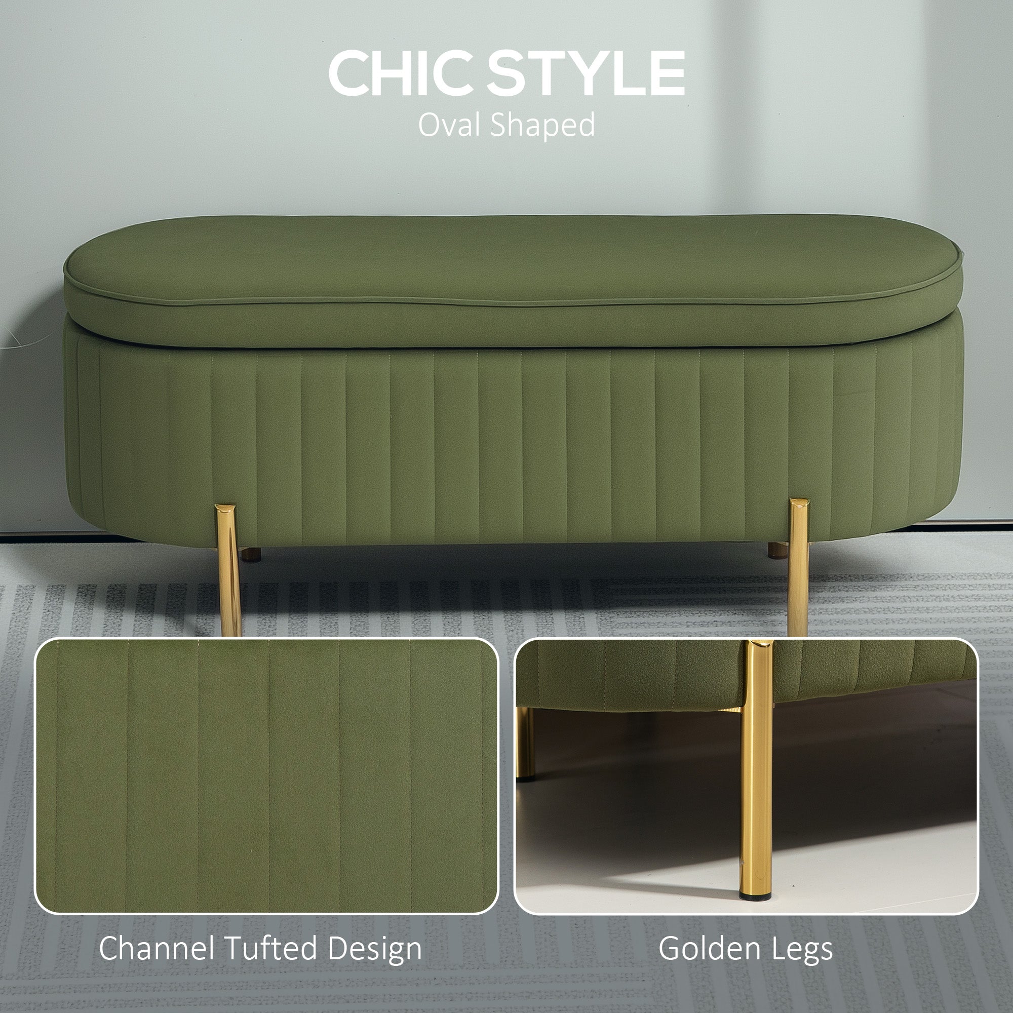 Upholstered Storage Bench - Dark Green Channel Tufted-DECOROLALA