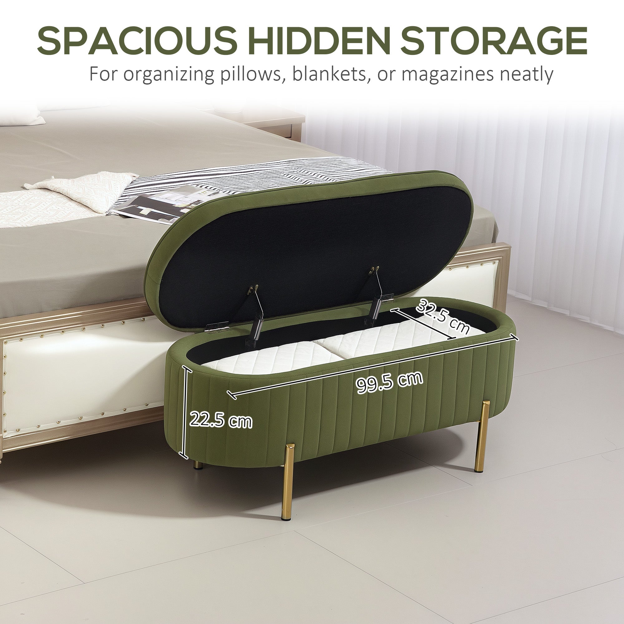 Upholstered Storage Bench - Dark Green Channel Tufted-DECOROLALA