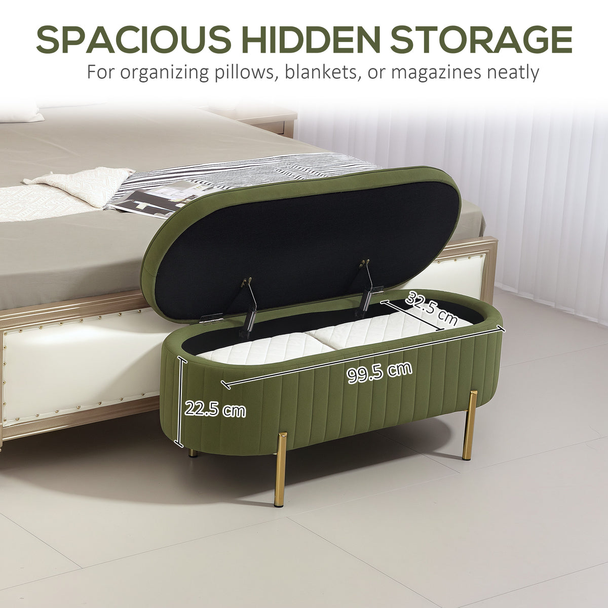 Upholstered Storage Bench - Dark Green Channel Tufted-DECOROLALA