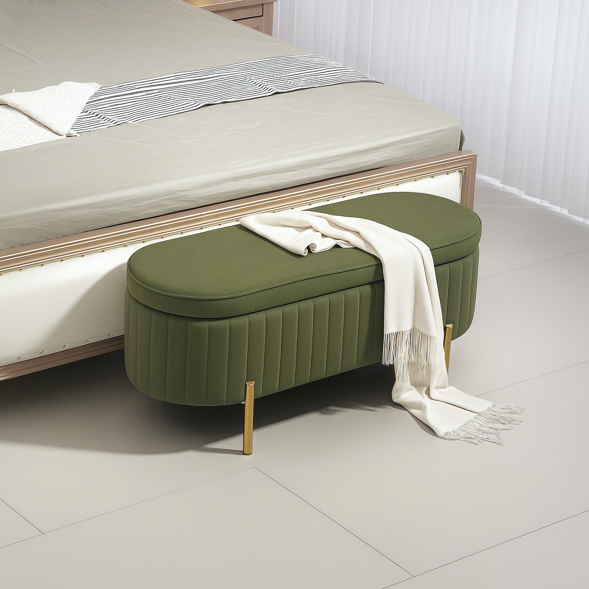 Upholstered Storage Bench - Dark Green Channel Tufted-DECOROLALA