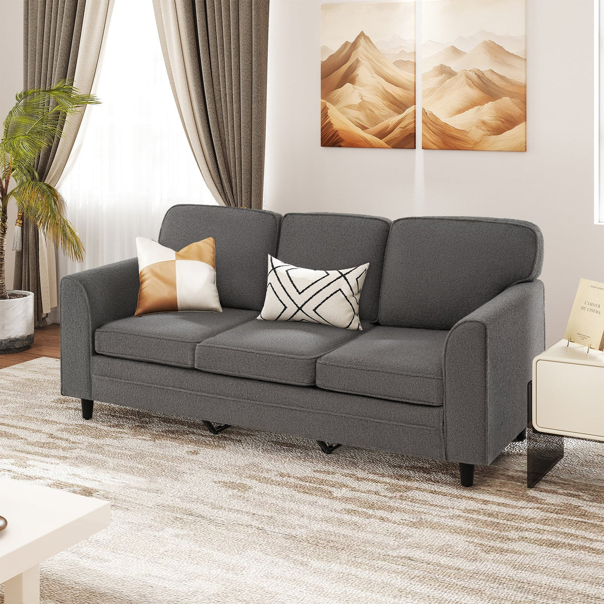 Upholstered Teddy Velvet 3-Seat Sofa with Comfy Back Pillows-Gray-Sofas & Loveseats-DECOROLALA