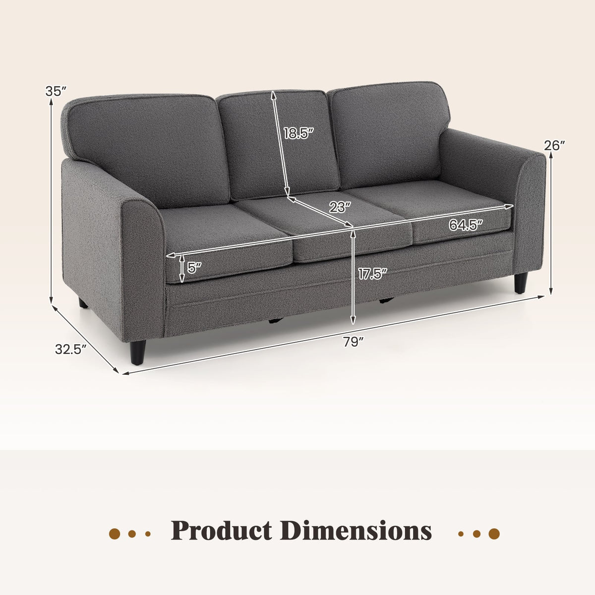 Upholstered Teddy Velvet 3-Seat Sofa with Comfy Back Pillows-Gray-Sofas & Loveseats-DECOROLALA
