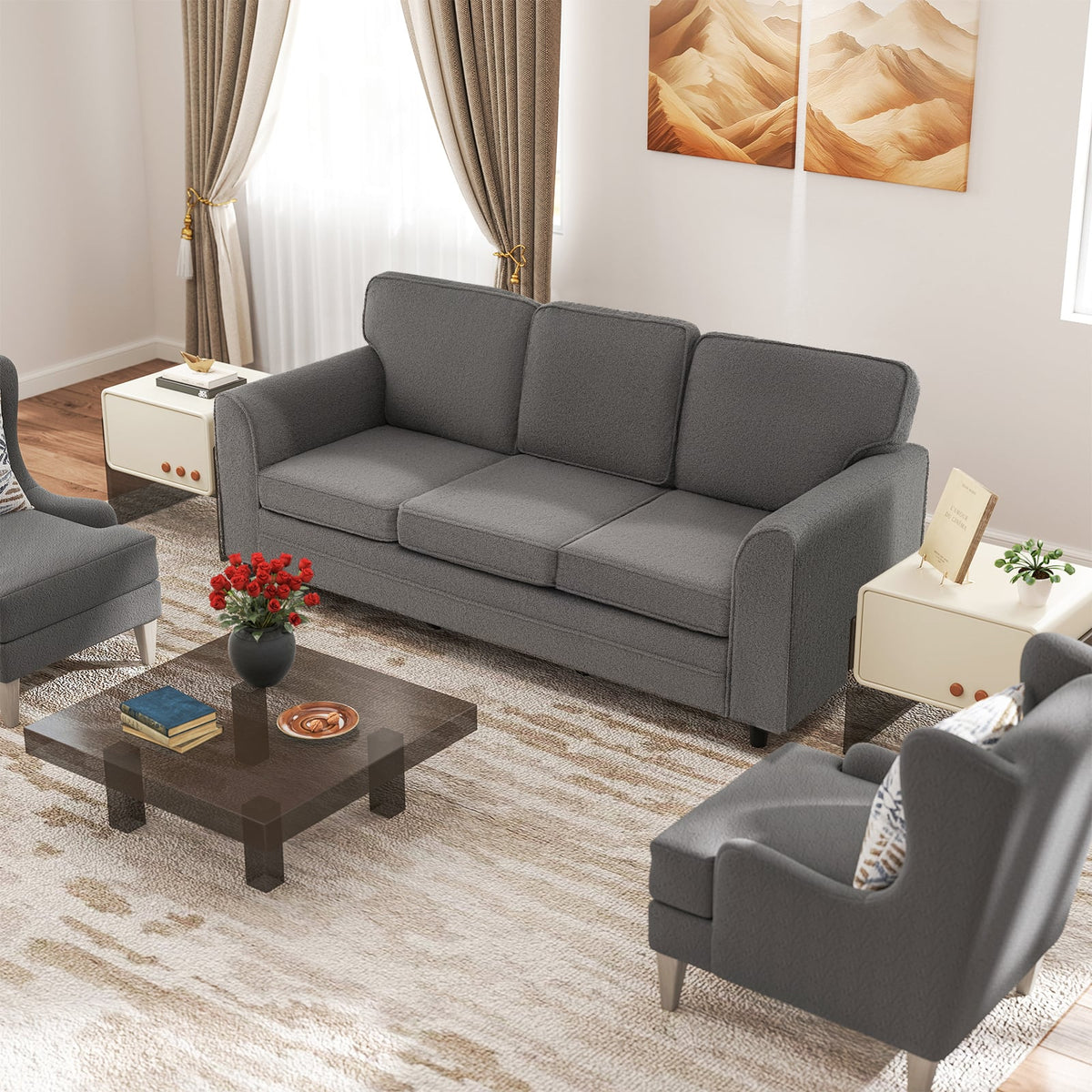 Upholstered Teddy Velvet 3-Seat Sofa with Comfy Back Pillows-Gray-Sofas & Loveseats-DECOROLALA