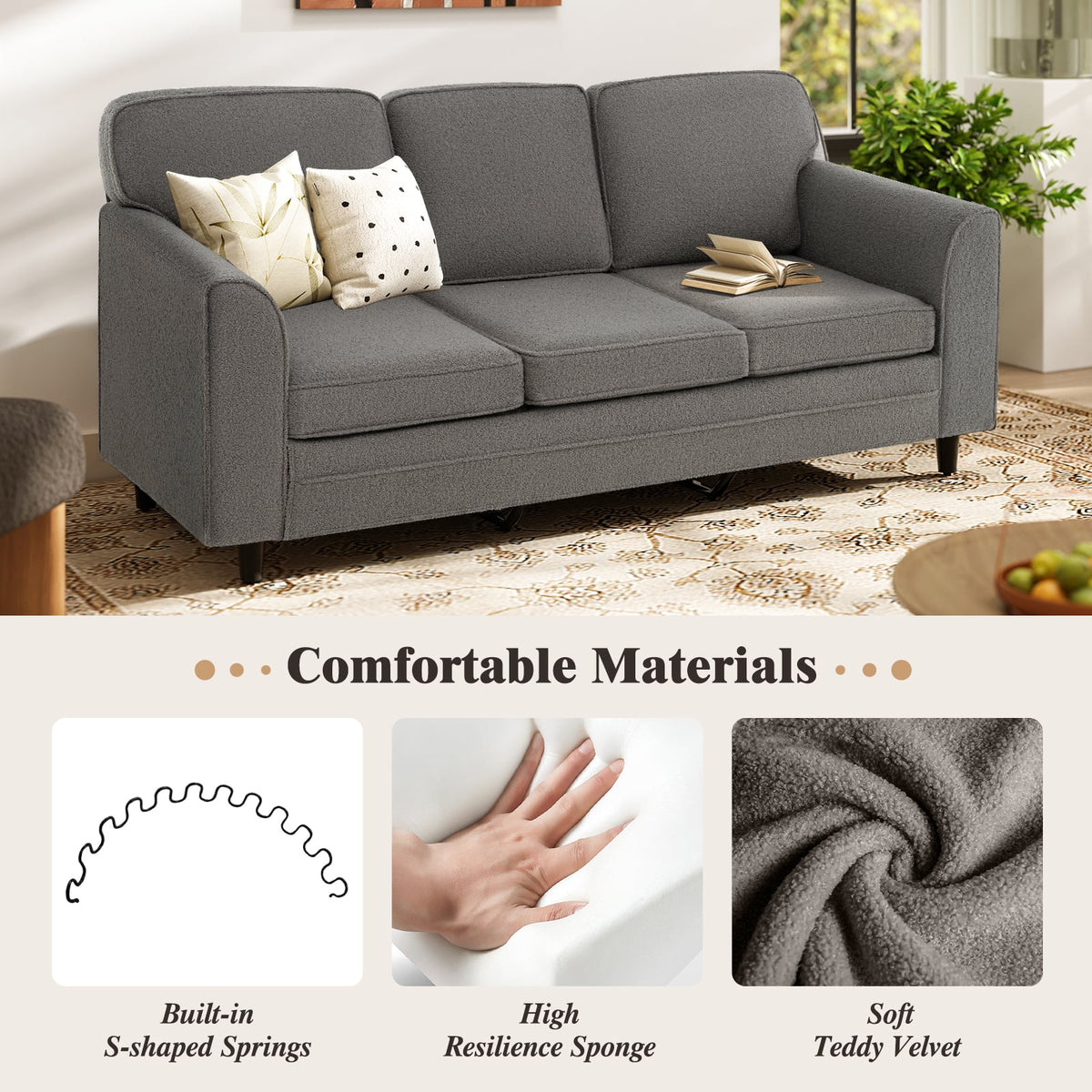 Upholstered Teddy Velvet 3-Seat Sofa with Comfy Back Pillows-Gray-Sofas & Loveseats-DECOROLALA