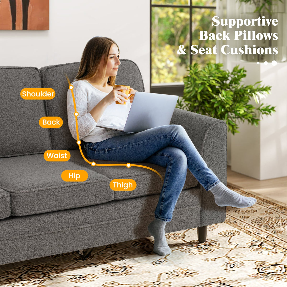 Upholstered Teddy Velvet 3-Seat Sofa with Comfy Back Pillows-Gray-Sofas & Loveseats-DECOROLALA