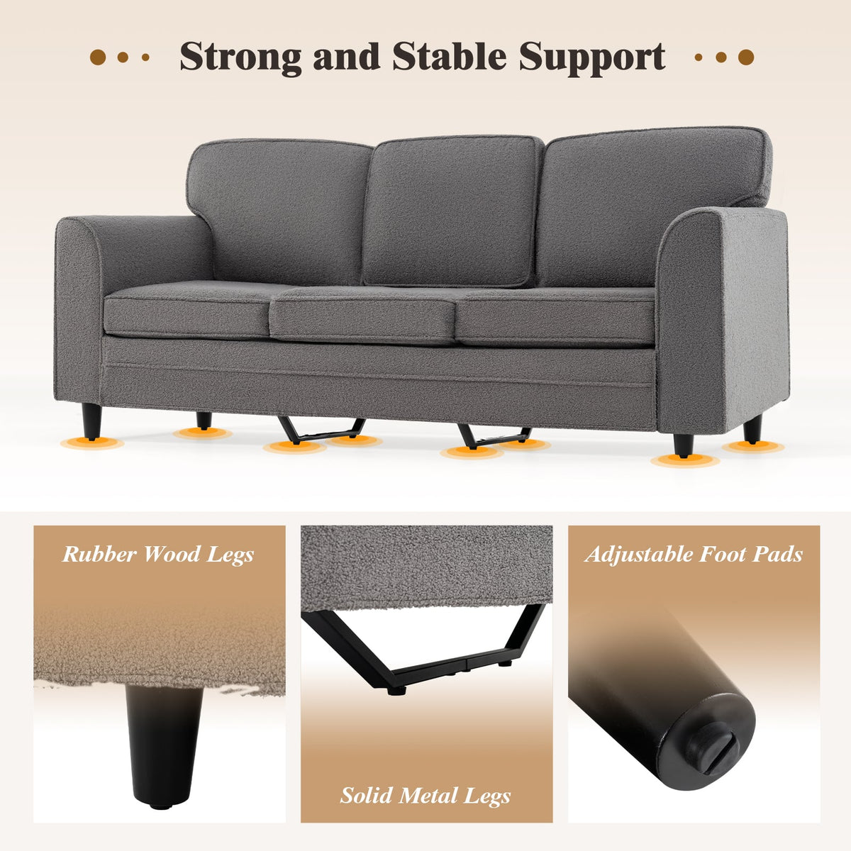 Upholstered Teddy Velvet 3-Seat Sofa with Comfy Back Pillows-Gray-Sofas & Loveseats-DECOROLALA