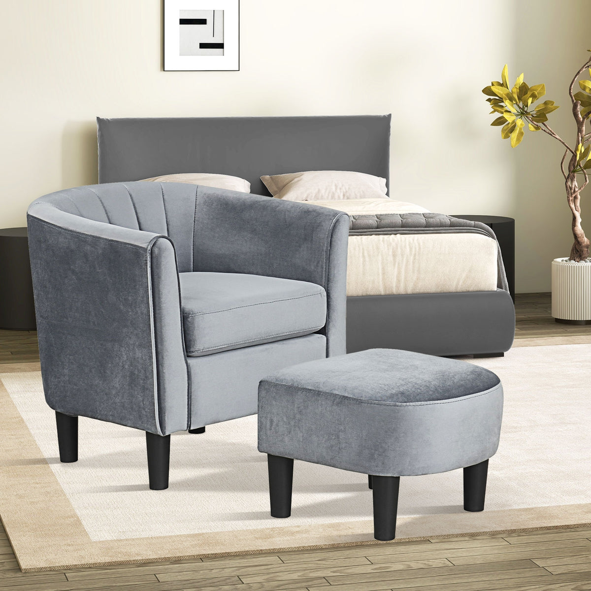 Upholstered Teddy Velvet Club Barrel Chair with Ottoman with Footrest-Gray-Accent Chairs-DECOROLALA
