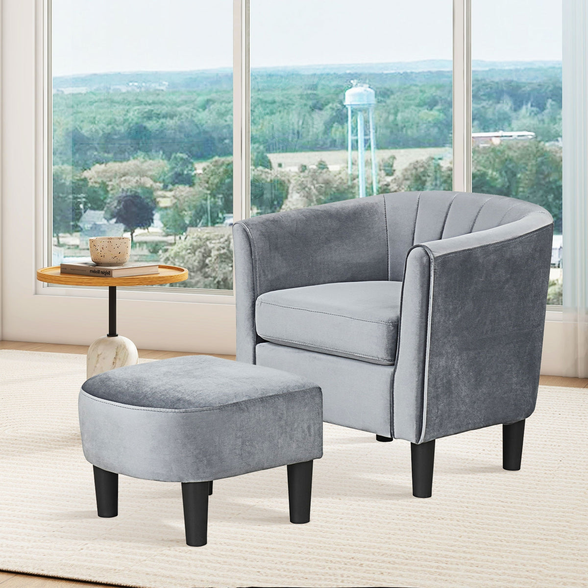 Upholstered Teddy Velvet Club Barrel Chair with Ottoman with Footrest-Gray-Accent Chairs-DECOROLALA