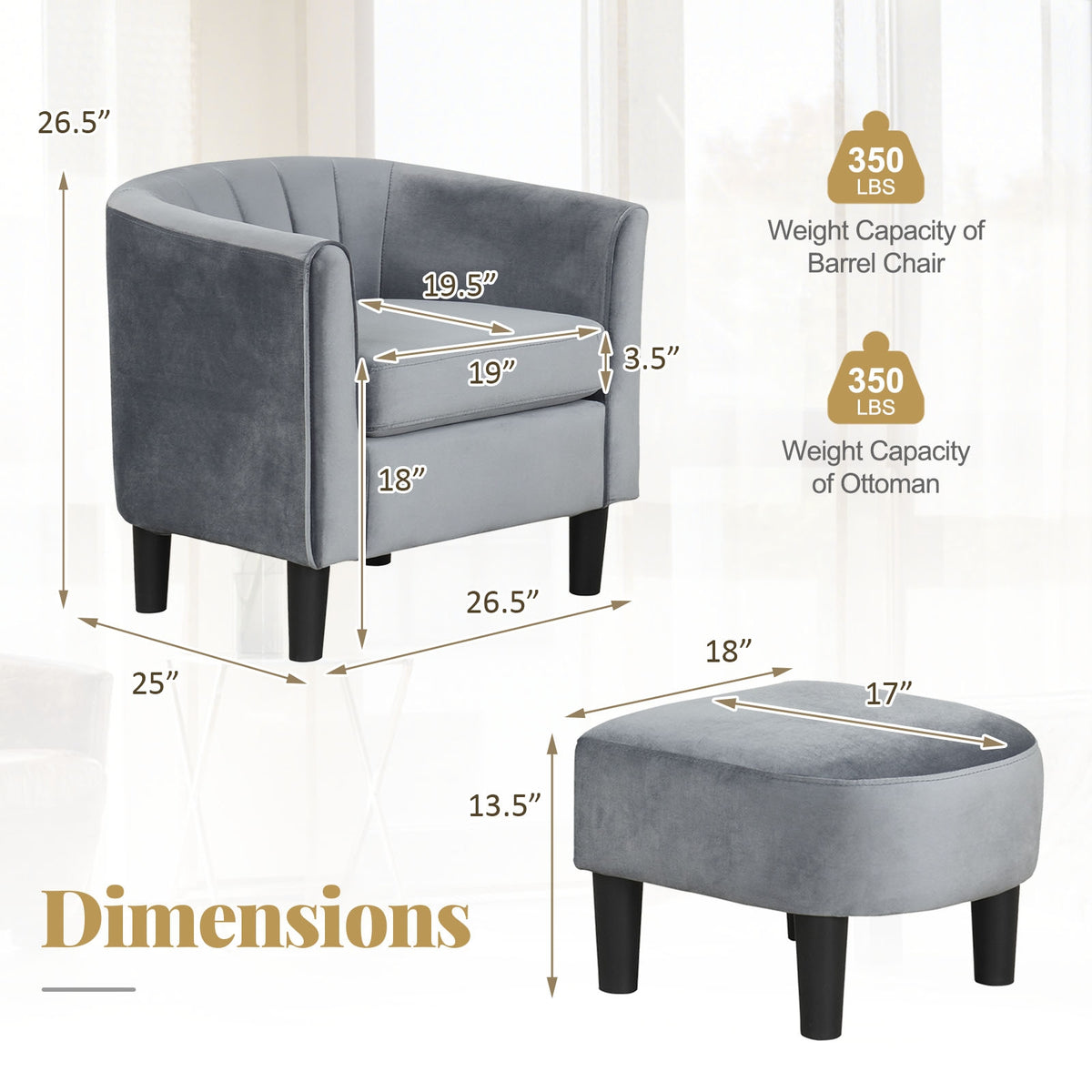 Upholstered Teddy Velvet Club Barrel Chair with Ottoman with Footrest-Gray-Accent Chairs-DECOROLALA