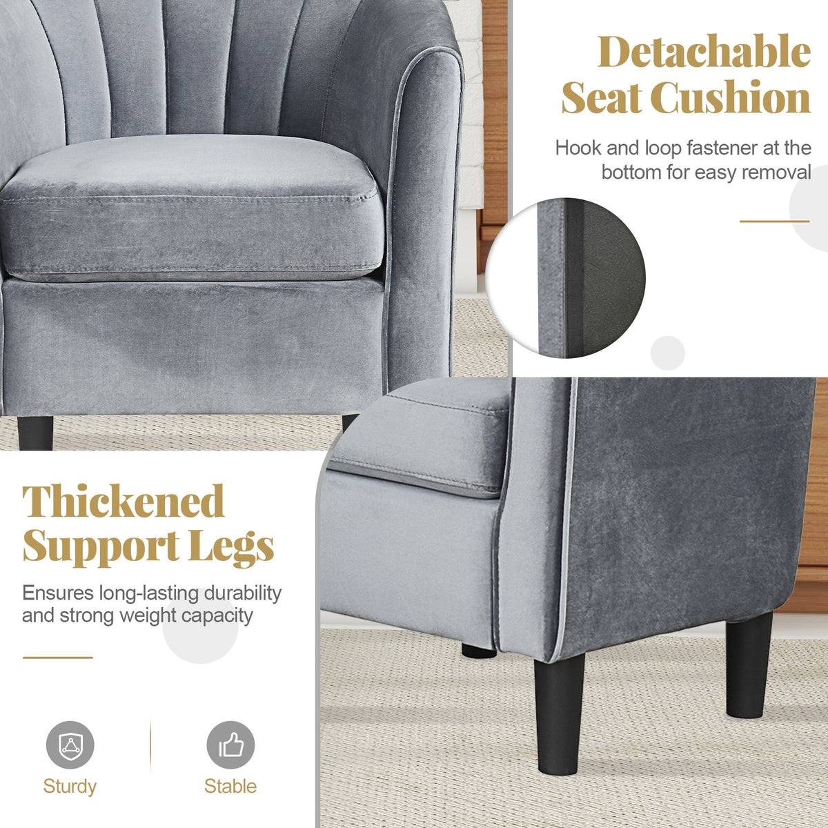 Upholstered Teddy Velvet Club Barrel Chair with Ottoman with Footrest-Gray-Accent Chairs-DECOROLALA