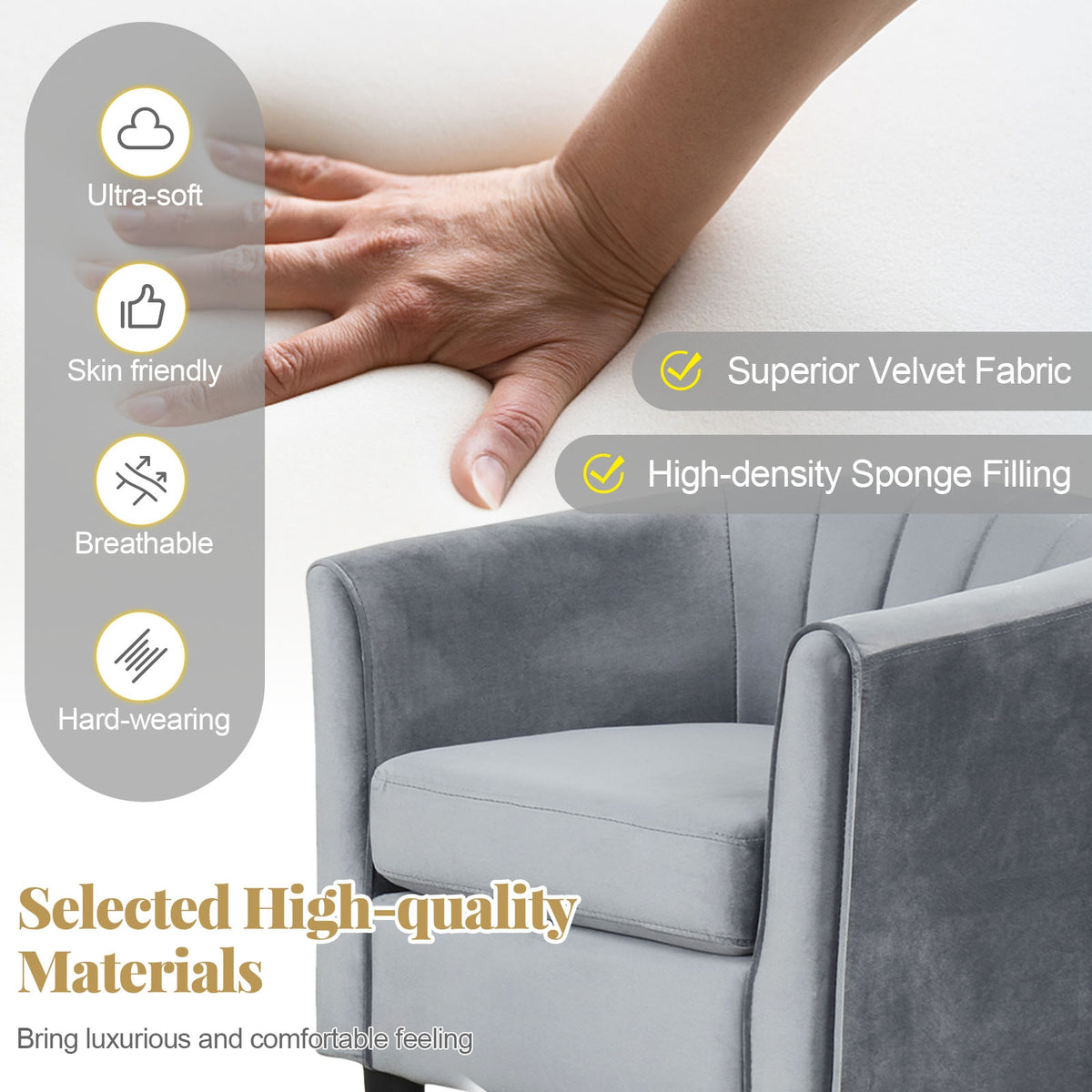 Upholstered Teddy Velvet Club Barrel Chair with Ottoman with Footrest-Gray-Accent Chairs-DECOROLALA