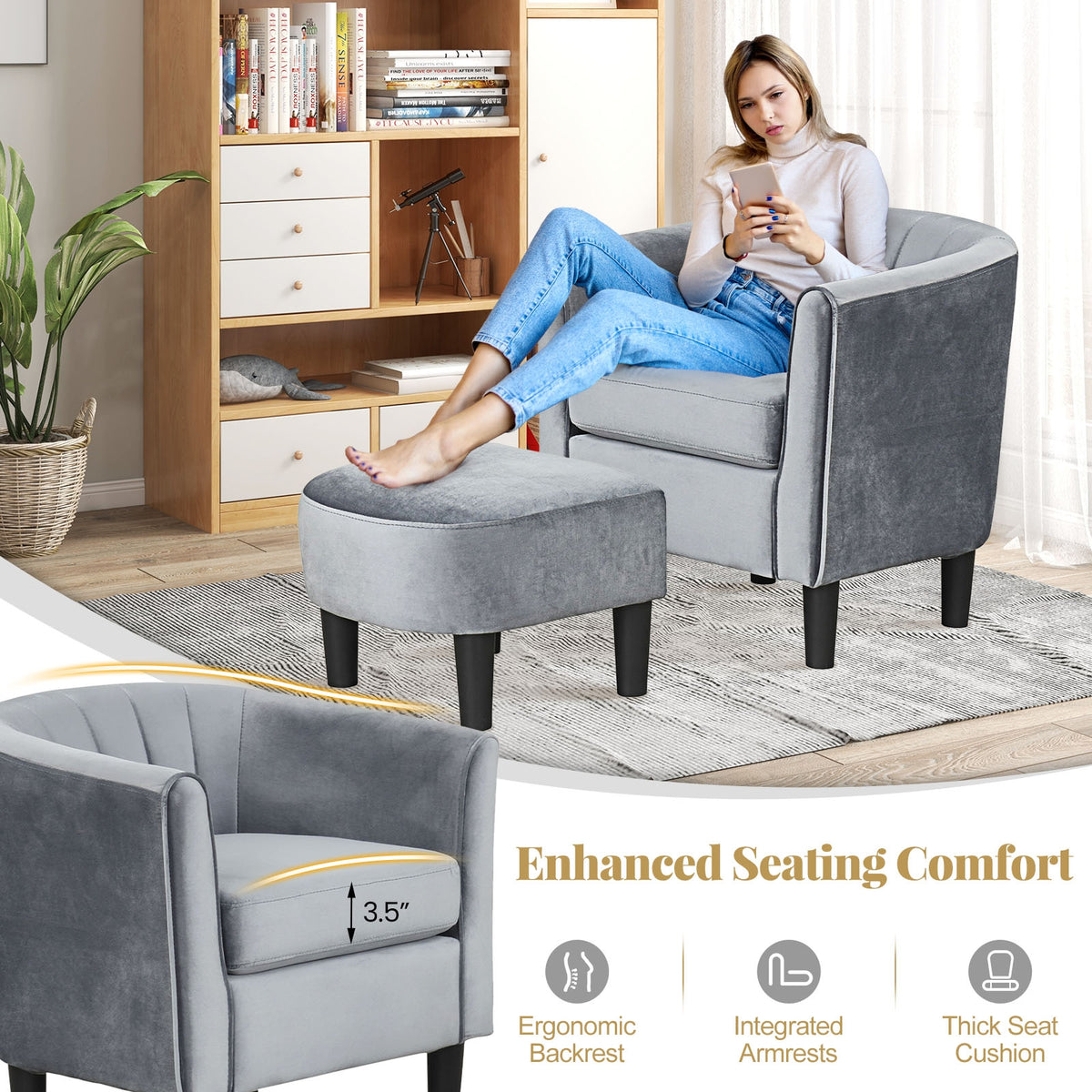 Upholstered Teddy Velvet Club Barrel Chair with Ottoman with Footrest-Gray-Accent Chairs-DECOROLALA