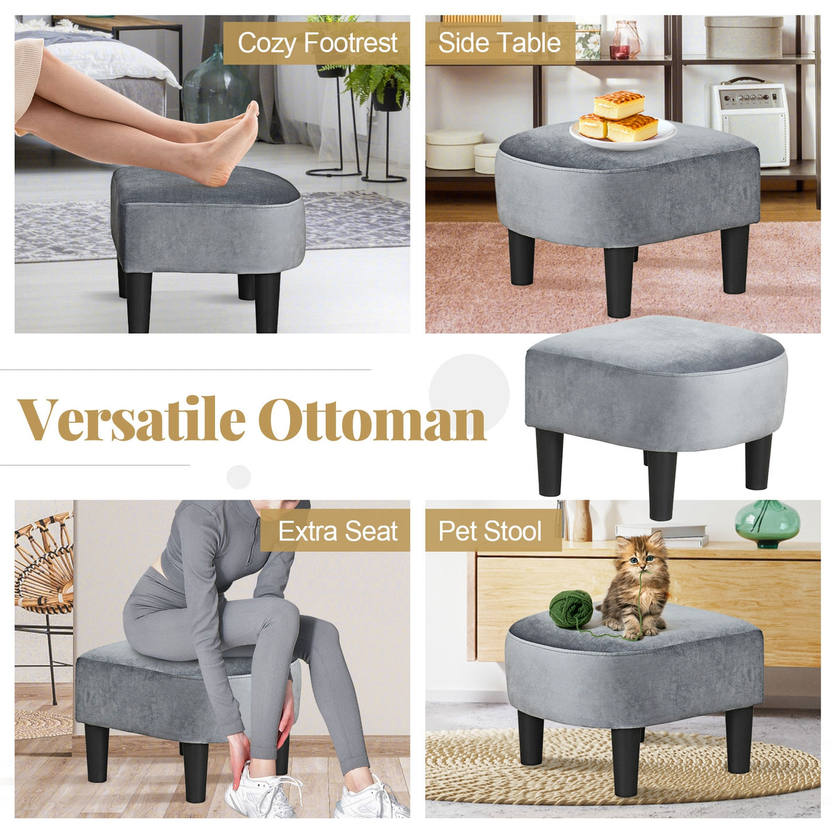 Upholstered Teddy Velvet Club Barrel Chair with Ottoman with Footrest-Gray-Accent Chairs-DECOROLALA