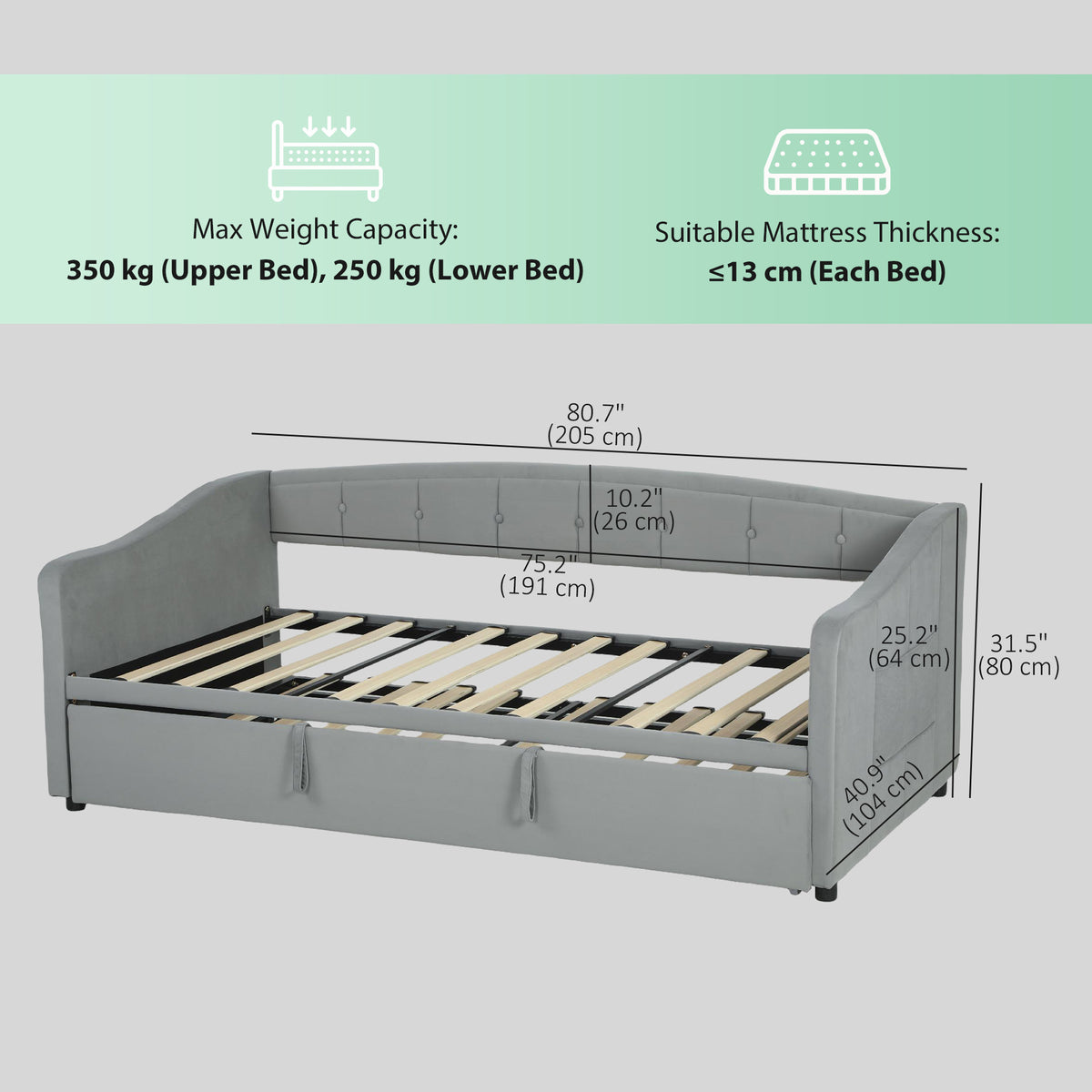 Upholstered Twin Size Trundle Bed, Velvet Twin to King Day Bed with Pop Up Trundle, Headboard and 2 Pockets, Light Grey-Trundle Beds-DECOROLALA
