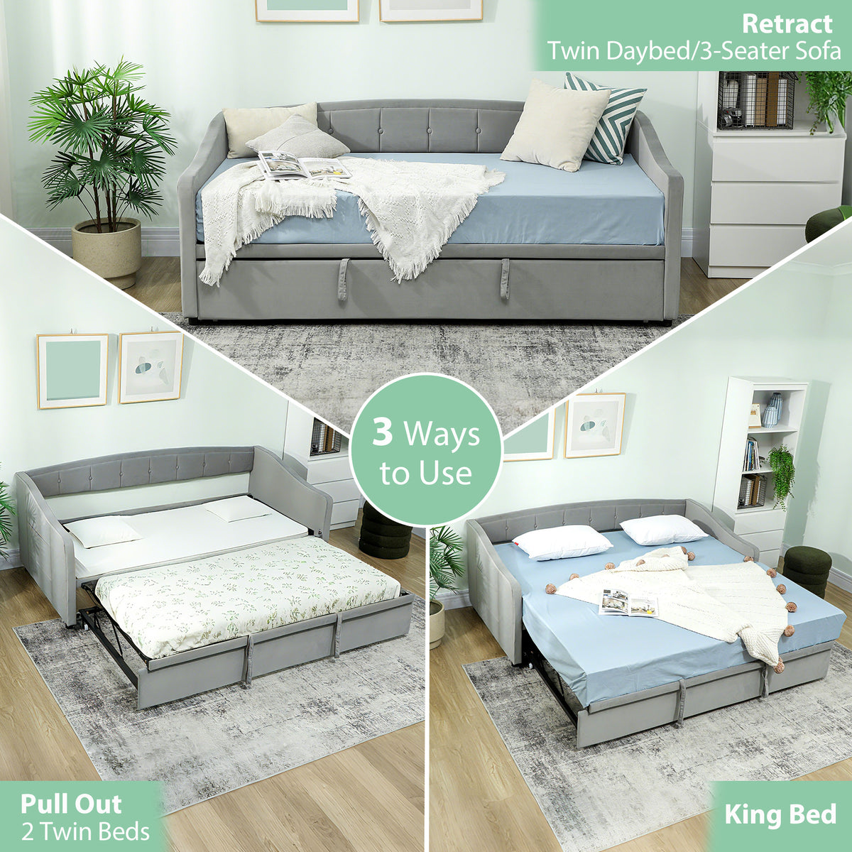 Upholstered Twin Size Trundle Bed, Velvet Twin to King Day Bed with Pop Up Trundle, Headboard and 2 Pockets, Light Grey-Trundle Beds-DECOROLALA