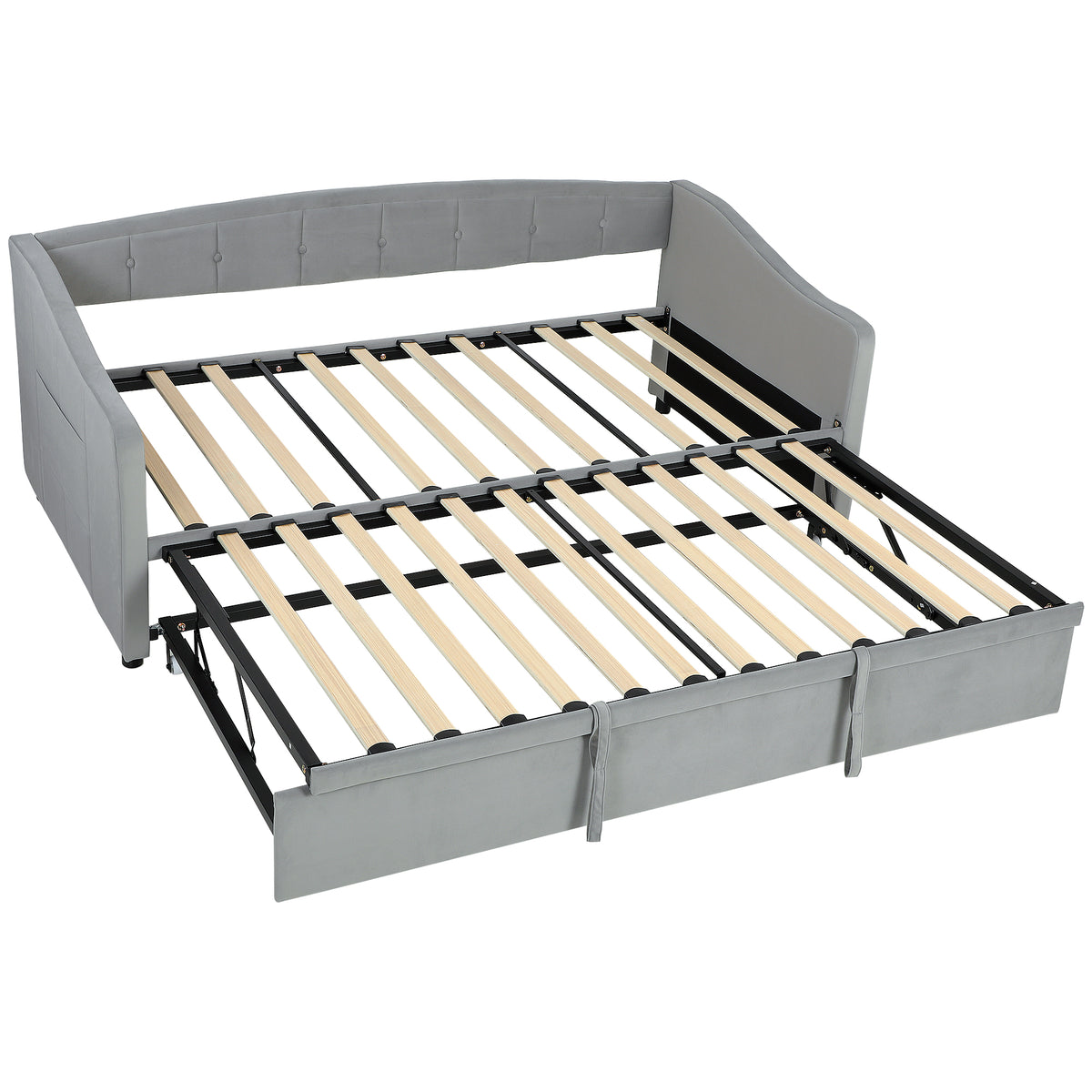Upholstered Twin Size Trundle Bed, Velvet Twin to King Day Bed with Pop Up Trundle, Headboard and 2 Pockets, Light Grey-Trundle Beds-DECOROLALA