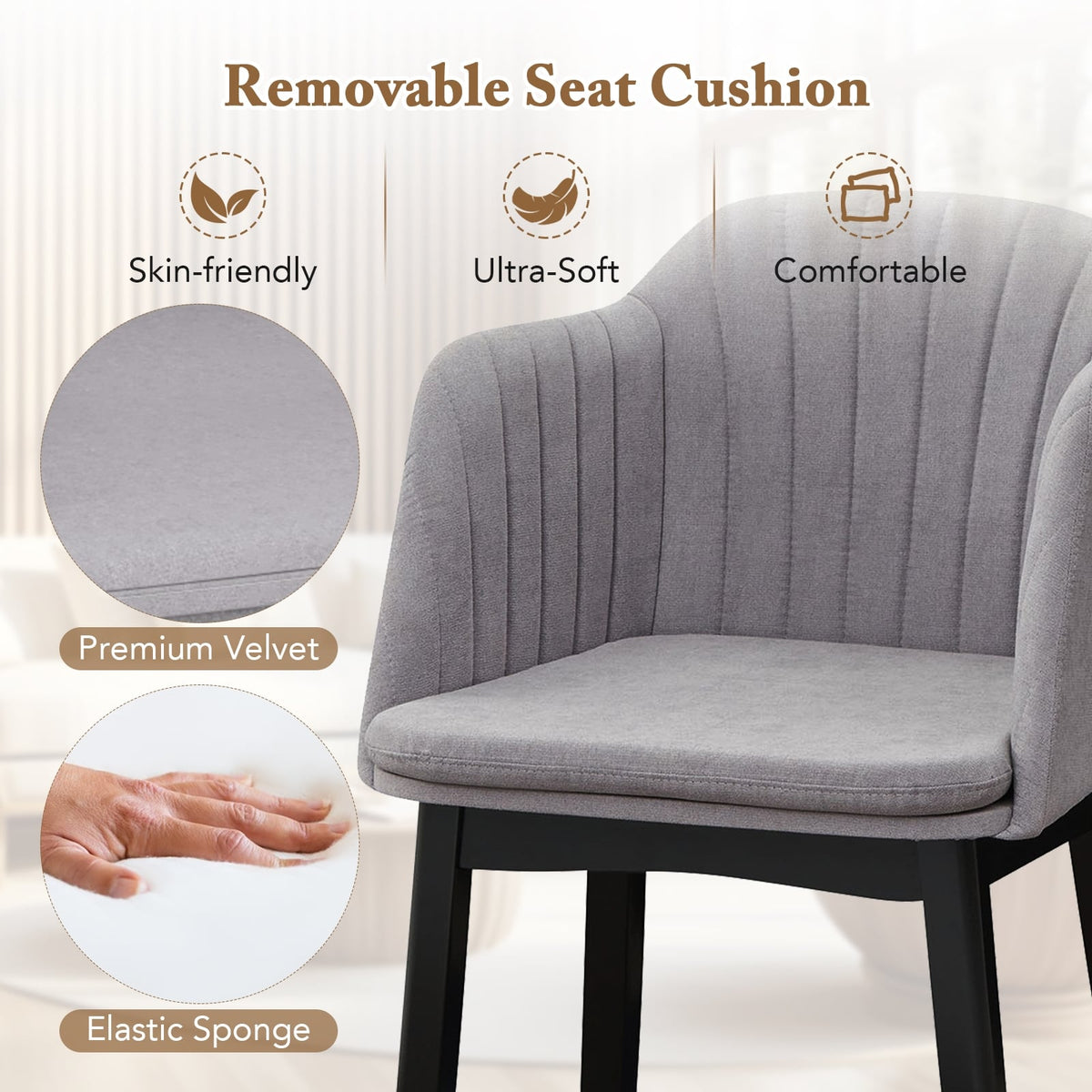 Upholstered Velvet Accent Modern Dining Chairs Set of 2 with Curved Backrests-Grey-Dining Chairs-DECOROLALA