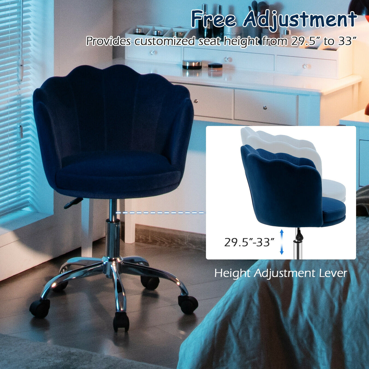 Upholstered Velvet Kids Desk Chair with Wheels and Seashell Back-Blue-Leisure Chairs-DECOROLALA
