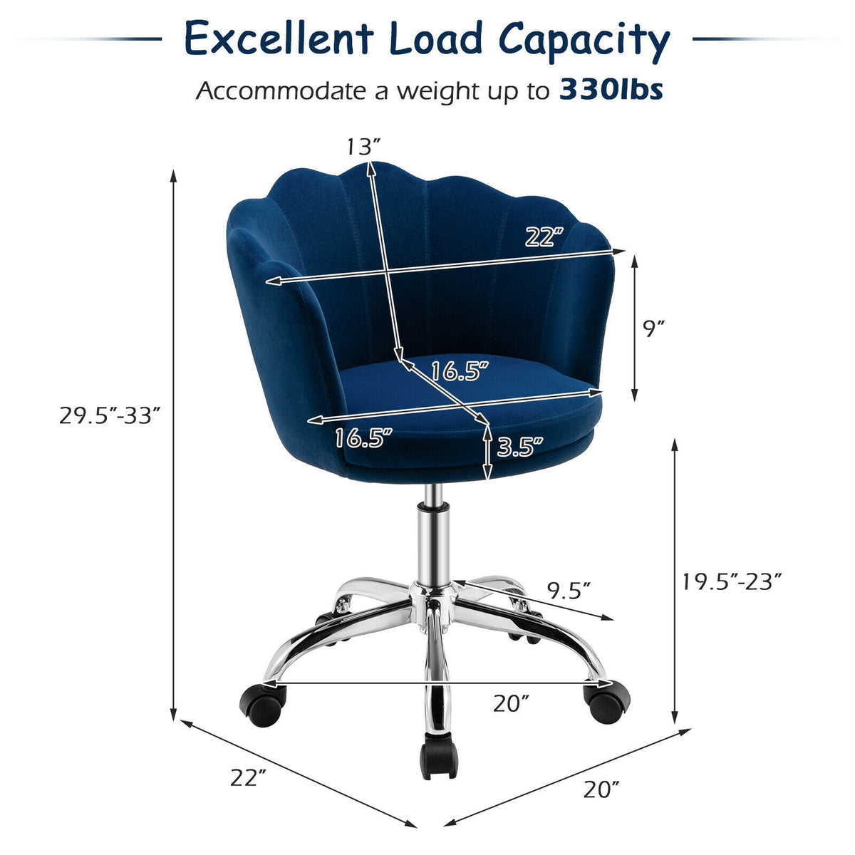 Upholstered Velvet Kids Desk Chair with Wheels and Seashell Back-Blue-Leisure Chairs-DECOROLALA