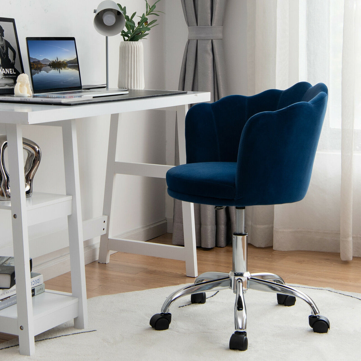 Upholstered Velvet Kids Desk Chair with Wheels and Seashell Back-Blue-Leisure Chairs-DECOROLALA
