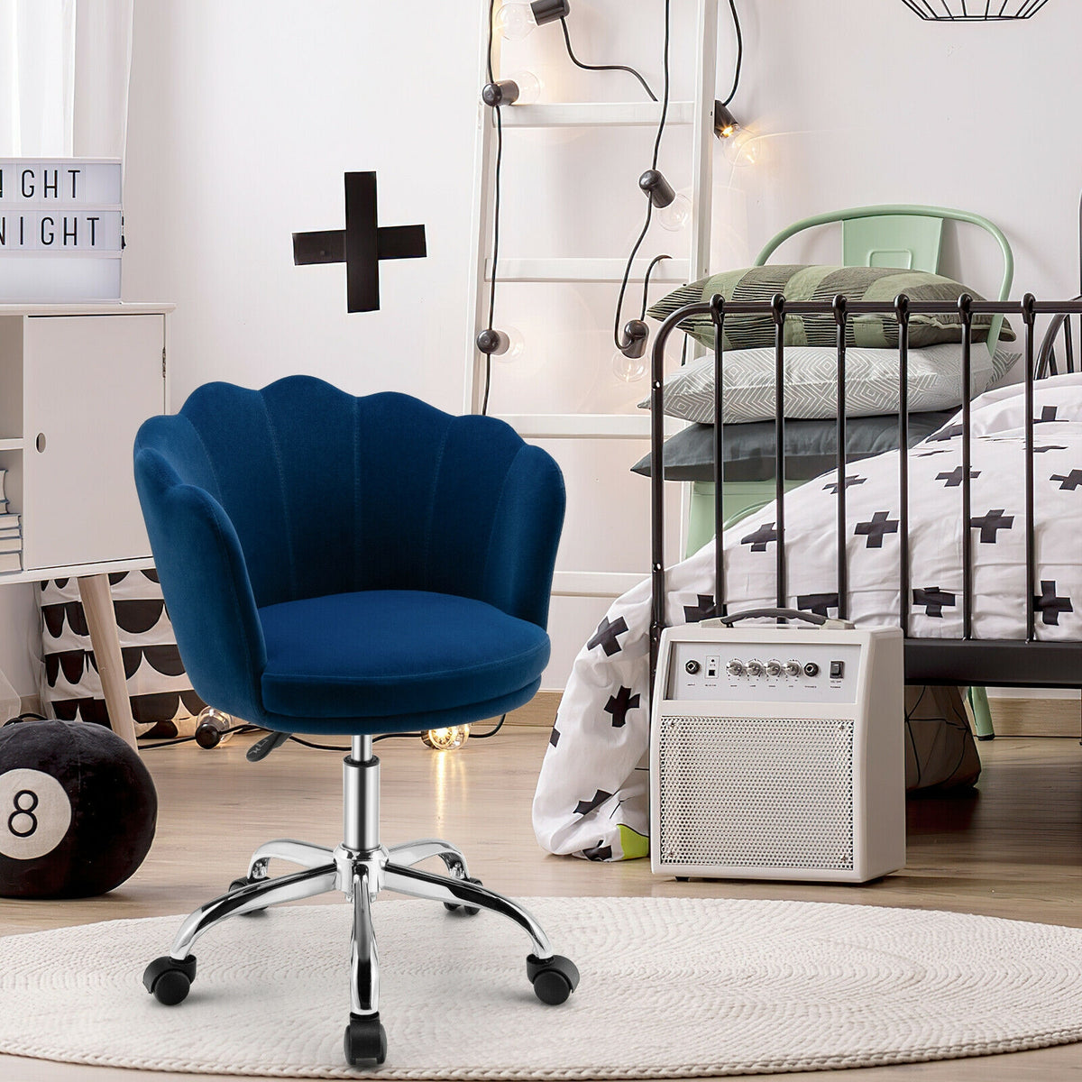 Upholstered Velvet Kids Desk Chair with Wheels and Seashell Back-Blue-Leisure Chairs-DECOROLALA
